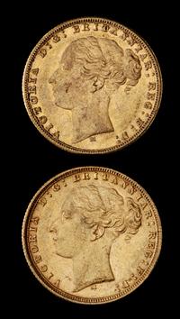 Two United Kingdom 1876-M Sovereign: Young Victoria-Melbourne Mint Gold Coin
