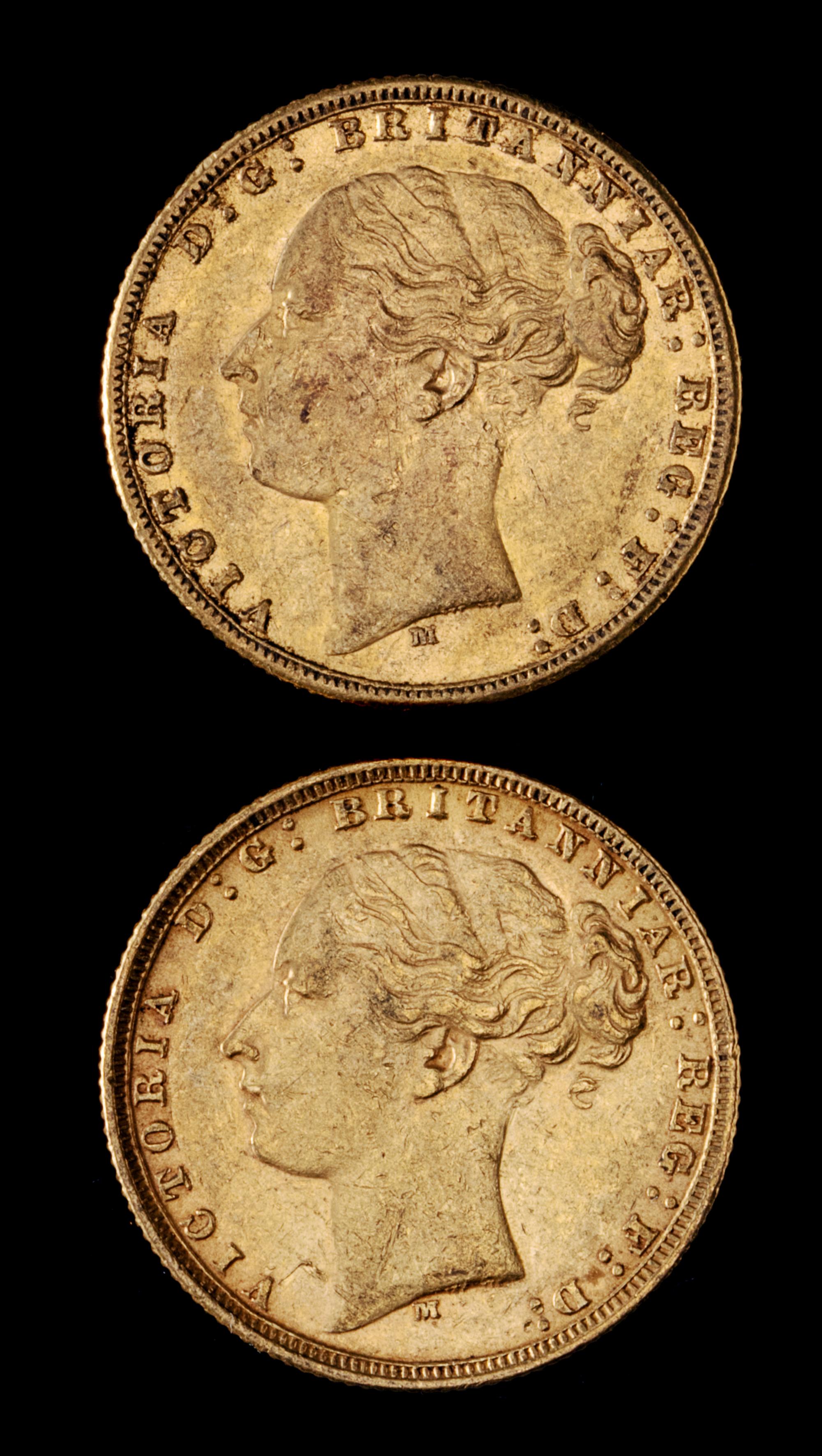 Two United Kingdom 1876-M Sovereign: Young Victoria-Melbourne Mint Gold Coin