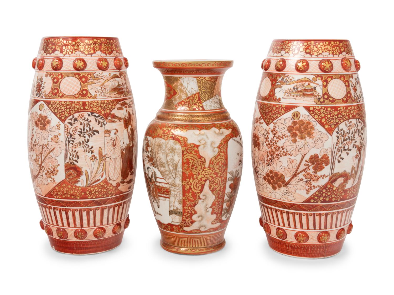 Three Japanese Kutani Porcelain Vases