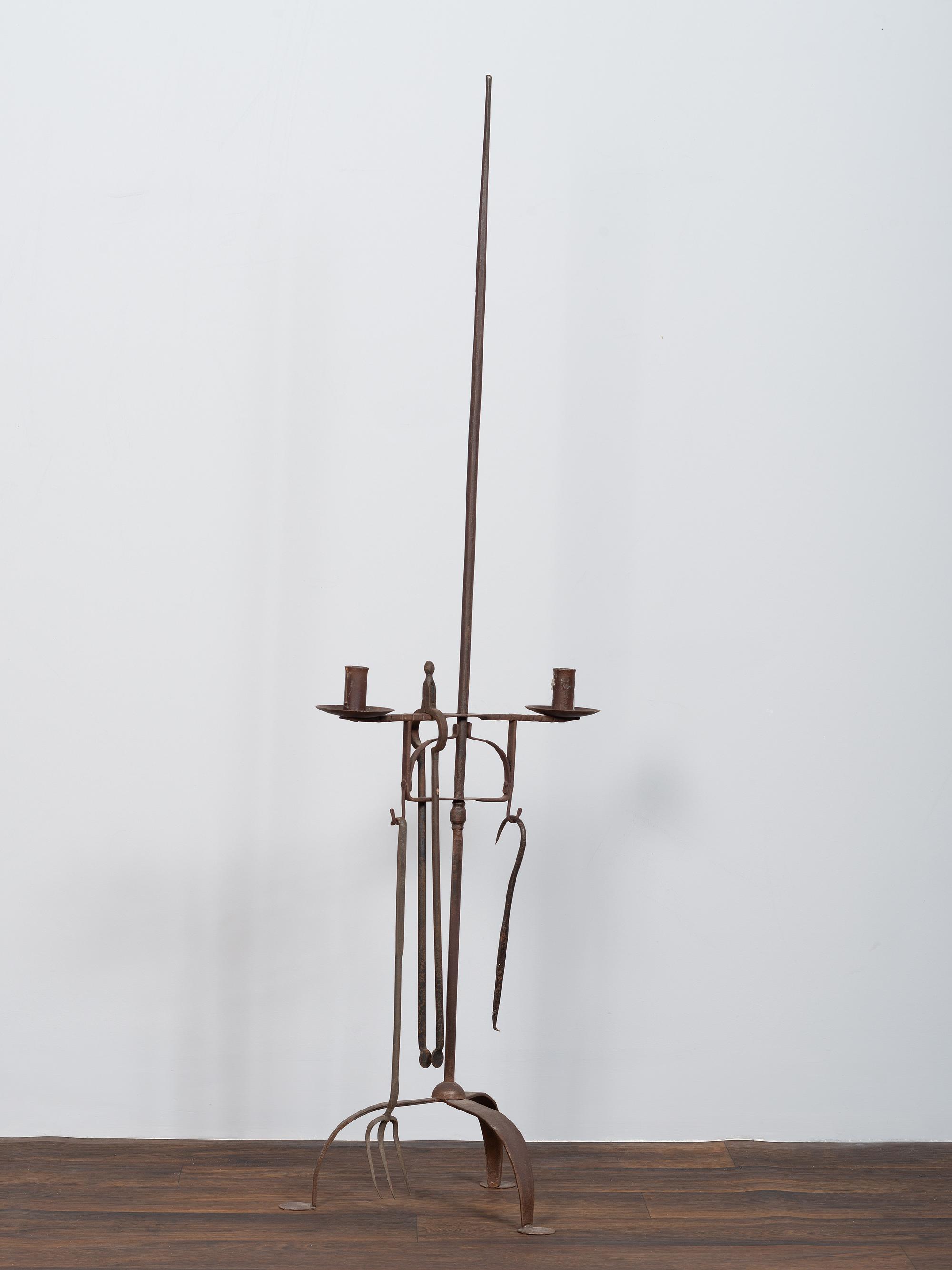 A Set of Wrought and Forged Iron Fireplace Tools on Stand