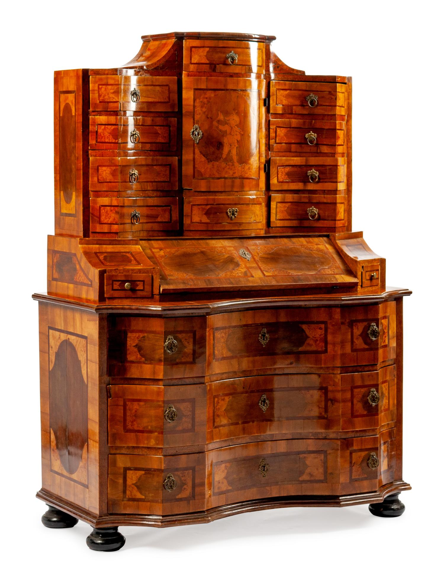 A South German Rococo Inlaid Walnut Secretary Cabinet