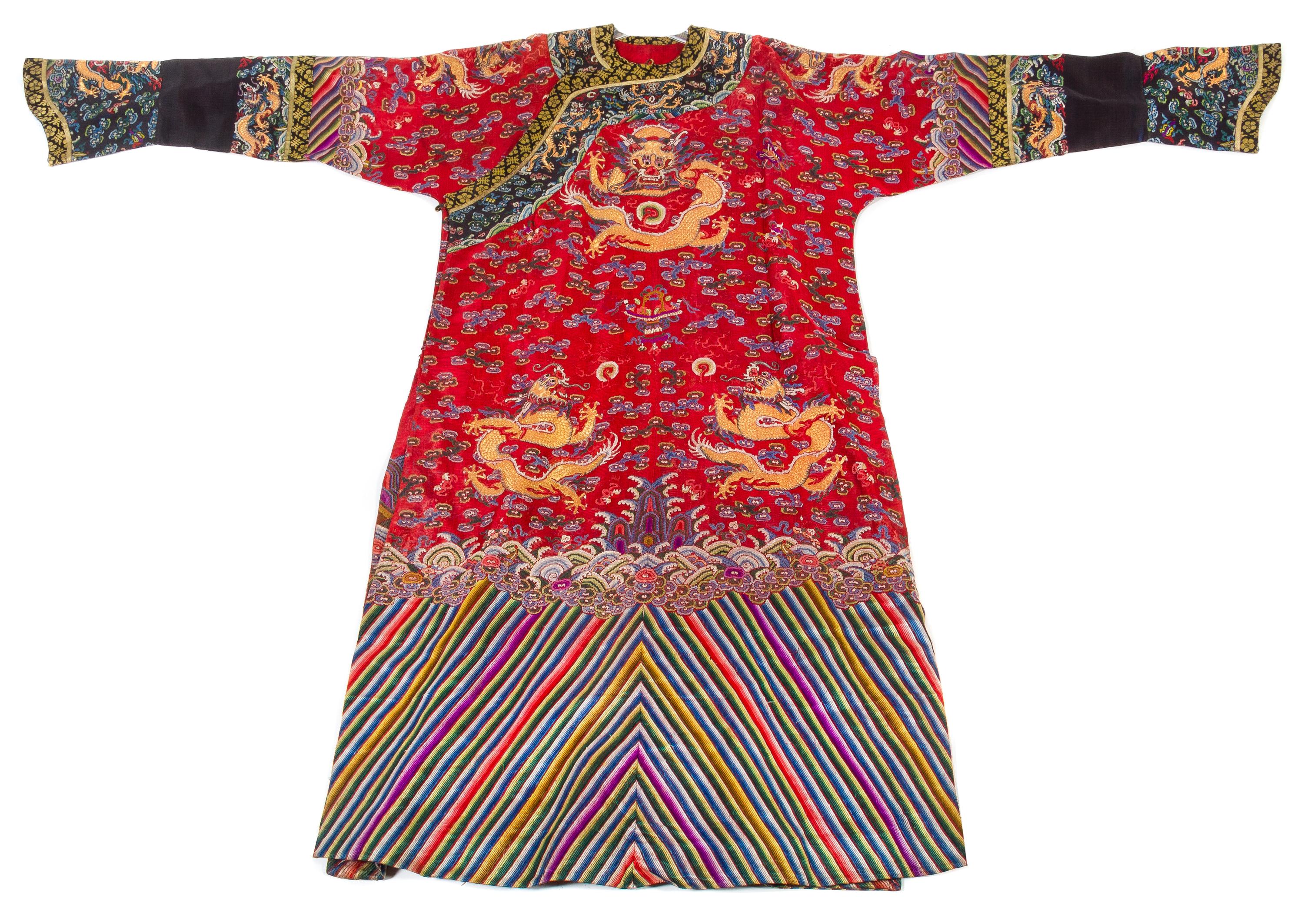 A Chinese Red Ground Summer Gauze Dragon Robe Length (collar to hem) 56 1/2 inches. — LATE QING DYNASTY