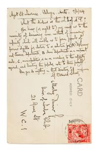 SHAW, George Bernard (1856-1950). Autograph letter signed ("G. Bernard Shaw"), to Morley Dainow Jr. St. Lawrence, 6 September 1924.