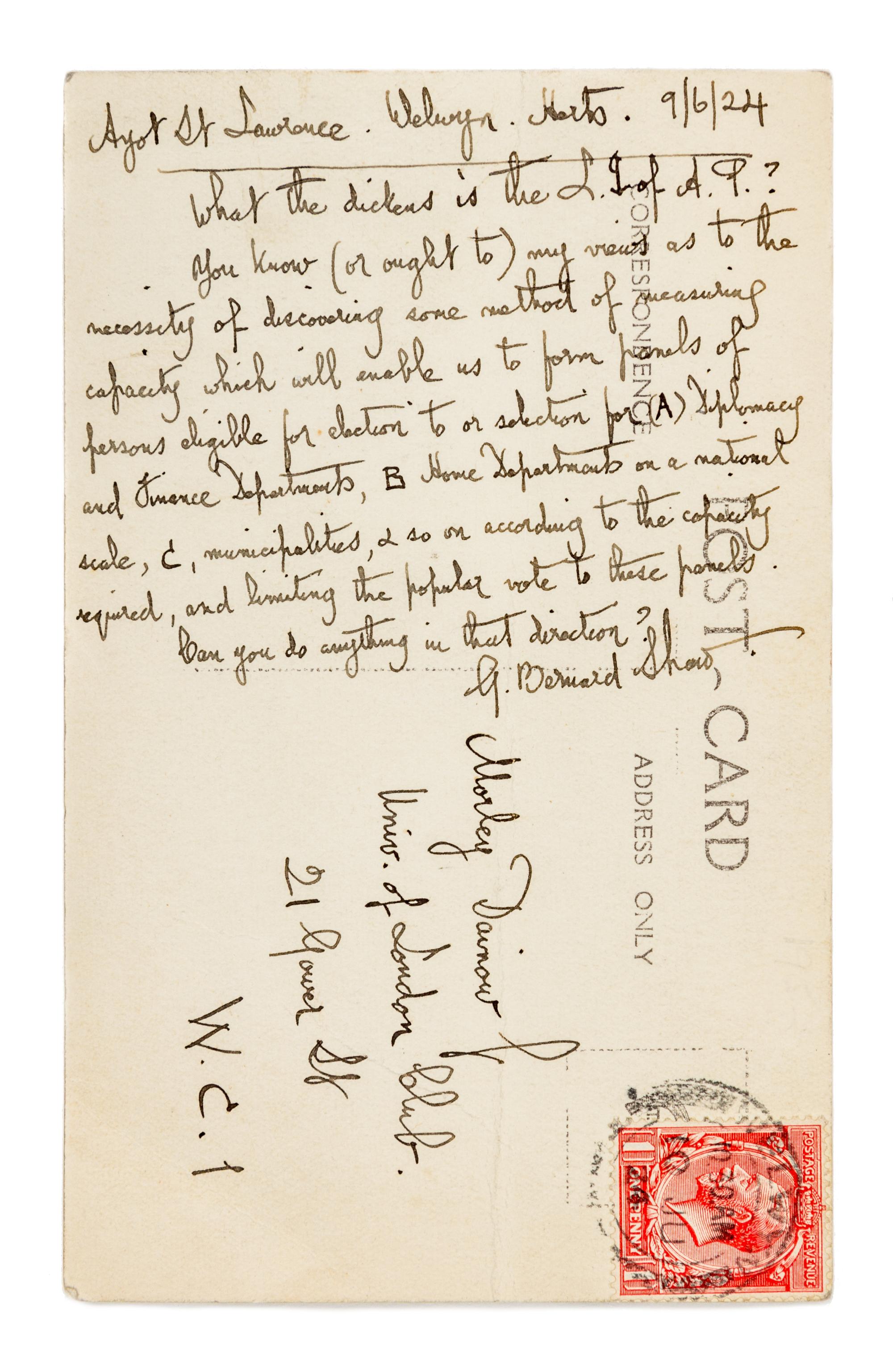 SHAW, George Bernard (1856-1950). Autograph letter signed ("G. Bernard Shaw"), to Morley Dainow Jr. St. Lawrence, 6 September 1924.