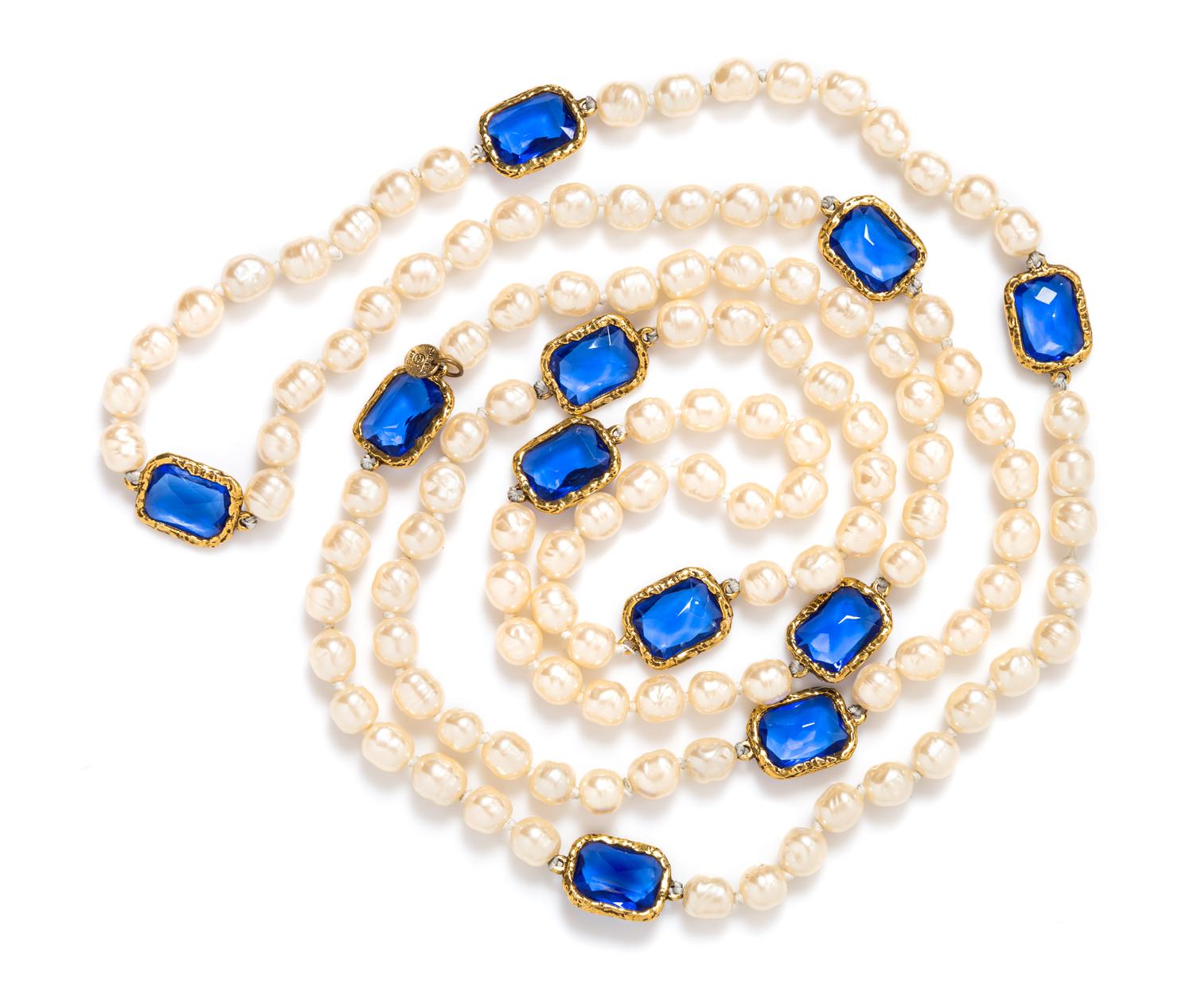 A Chanel Faux Pearl and Blue Gripoix Chicklet Sautoir, 64" length.