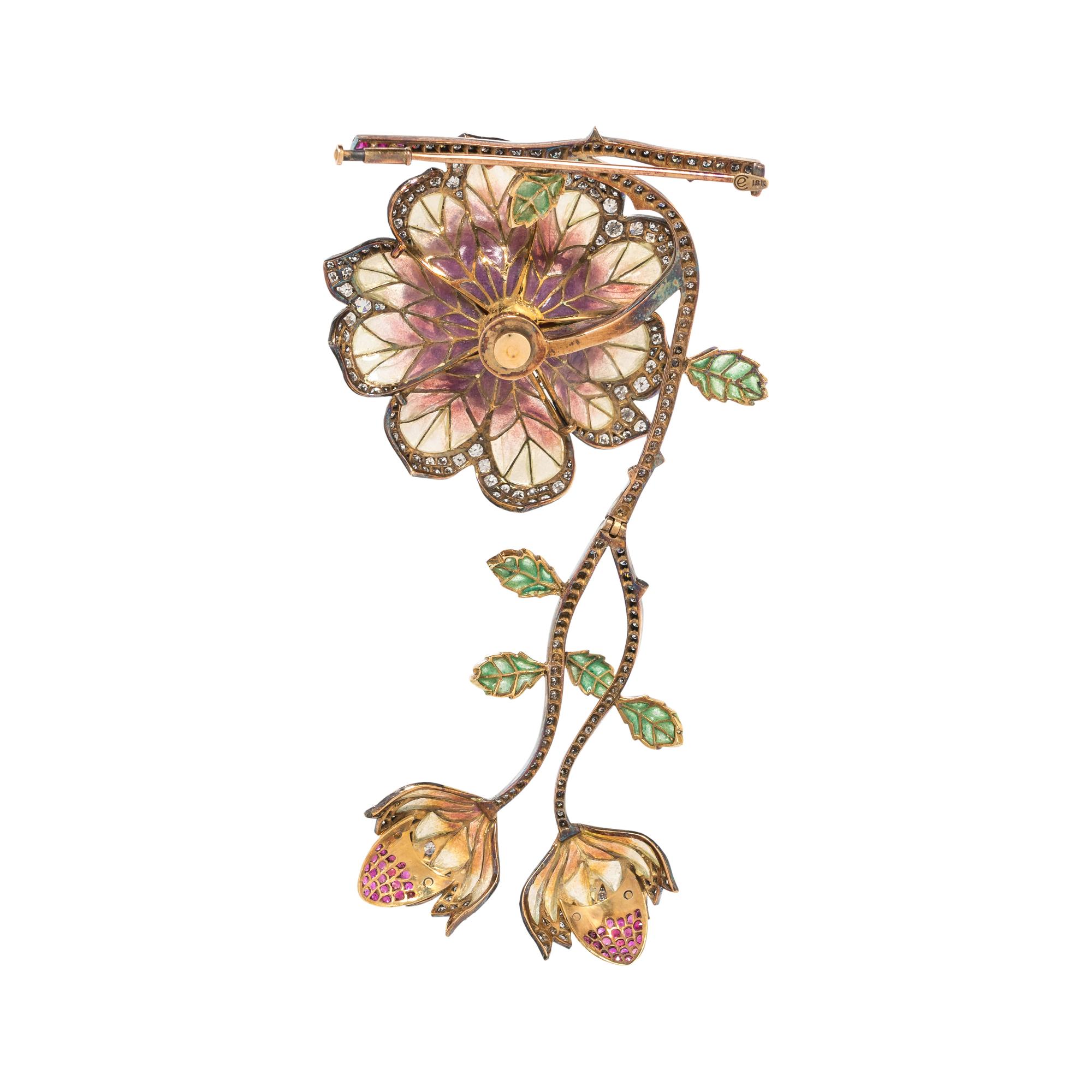 EVELYN CLOTHIER, DIAMOND, RUBY AND PLIQUE-À-JOUR ENAMEL FLOWER BROOCH