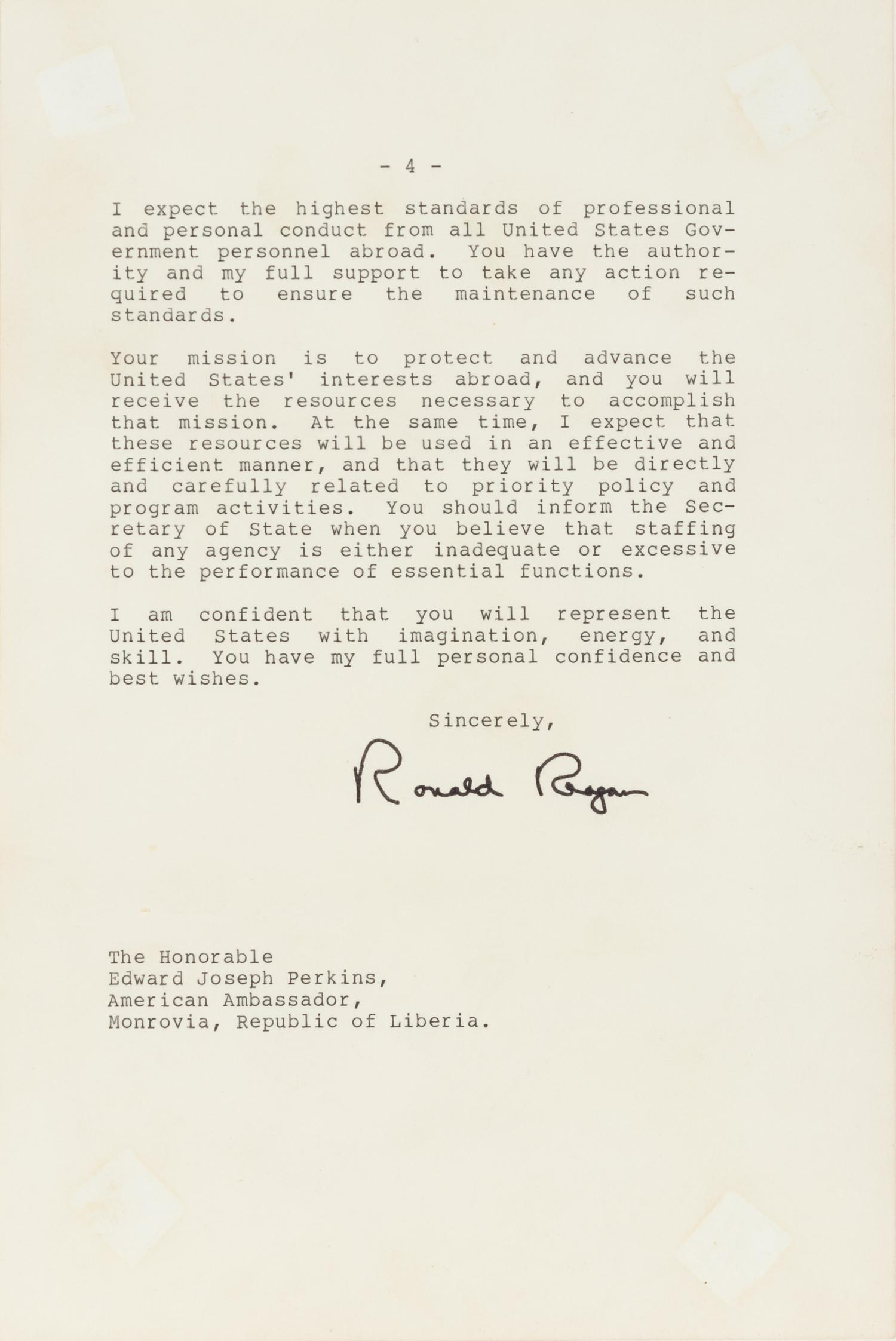 REAGAN, Ronald Wilson (1911-2004). Typed letter signed (“Ronald Reagan”), to Edward Joseph PERKINS (1928-2020), U.S. Ambassador to Liberia from 28 August 1985 to 22 October 1986. The White House, Washington, D.C., 15 July 1985.
