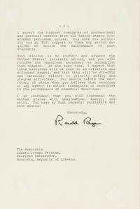 REAGAN, Ronald Wilson (1911-2004). Typed letter signed (“Ronald Reagan”), to Edward Joseph PERKINS (1928-2020), U.S. Ambassador to Liberia from 28 August 1985 to 22 October 1986. The White House, Washington, D.C., 15 July 1985.
