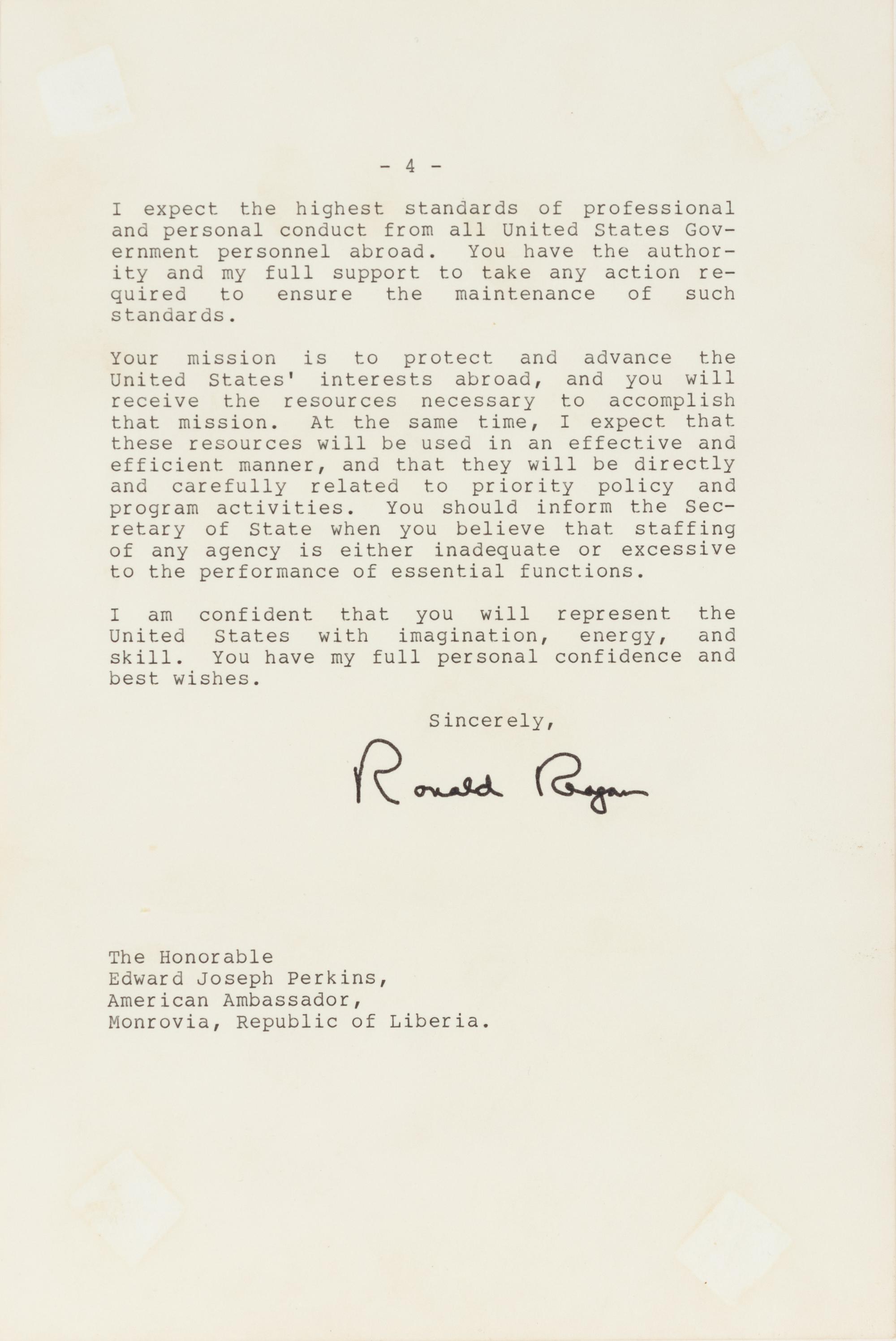 REAGAN, Ronald Wilson (1911-2004). Typed letter signed (“Ronald Reagan”), to Edward Joseph PERKINS (1928-2020), U.S. Ambassador to Liberia from 28 August 1985 to 22 October 1986. The White House, Washington, D.C., 15 July 1985.