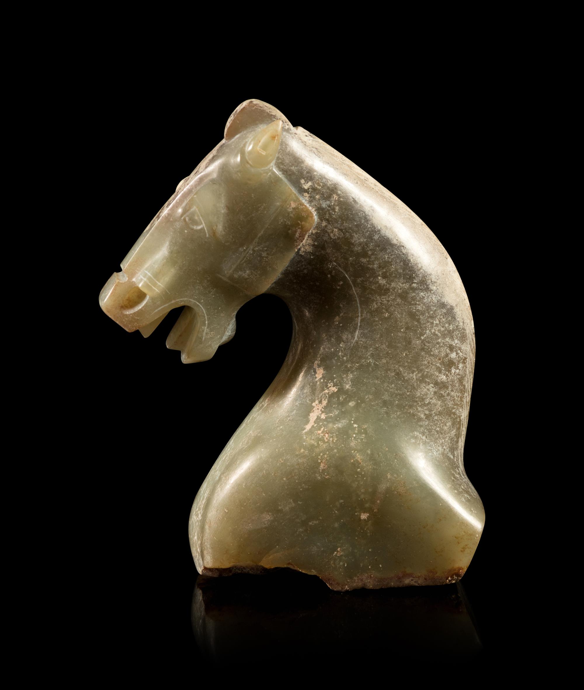 A Calcified Grey Jade Head of a Horse