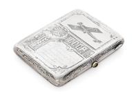 A Russian Niello Silver Cigarette Case, Maker's Mark Obscured, Moscow, Early 20th Century, the case decorated with airplanes and symbol