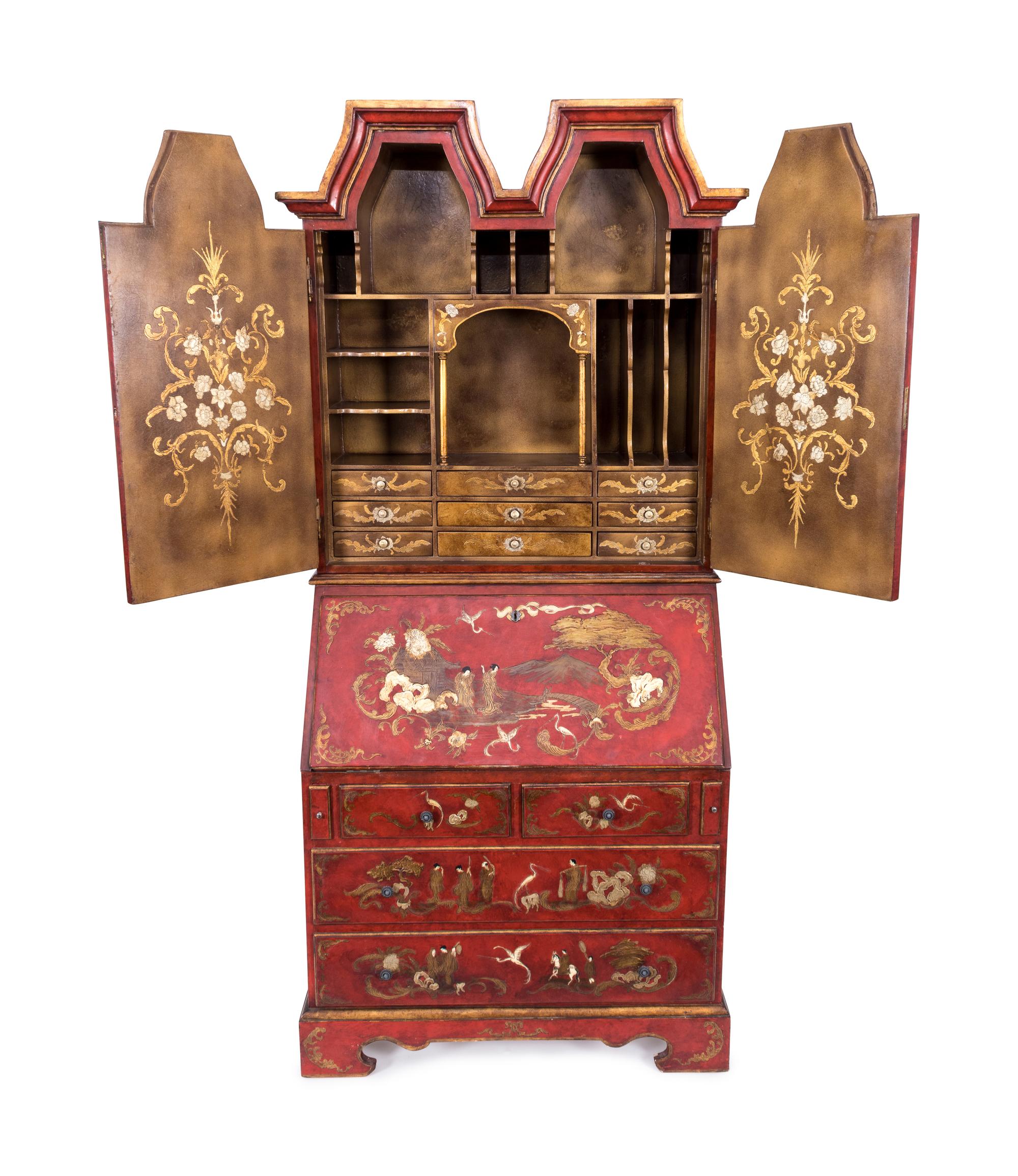 A Chinese Chippendale Style Red and Gilt Lacquered Secretary — LATE 19TH/EARLY 20TH CENTURY