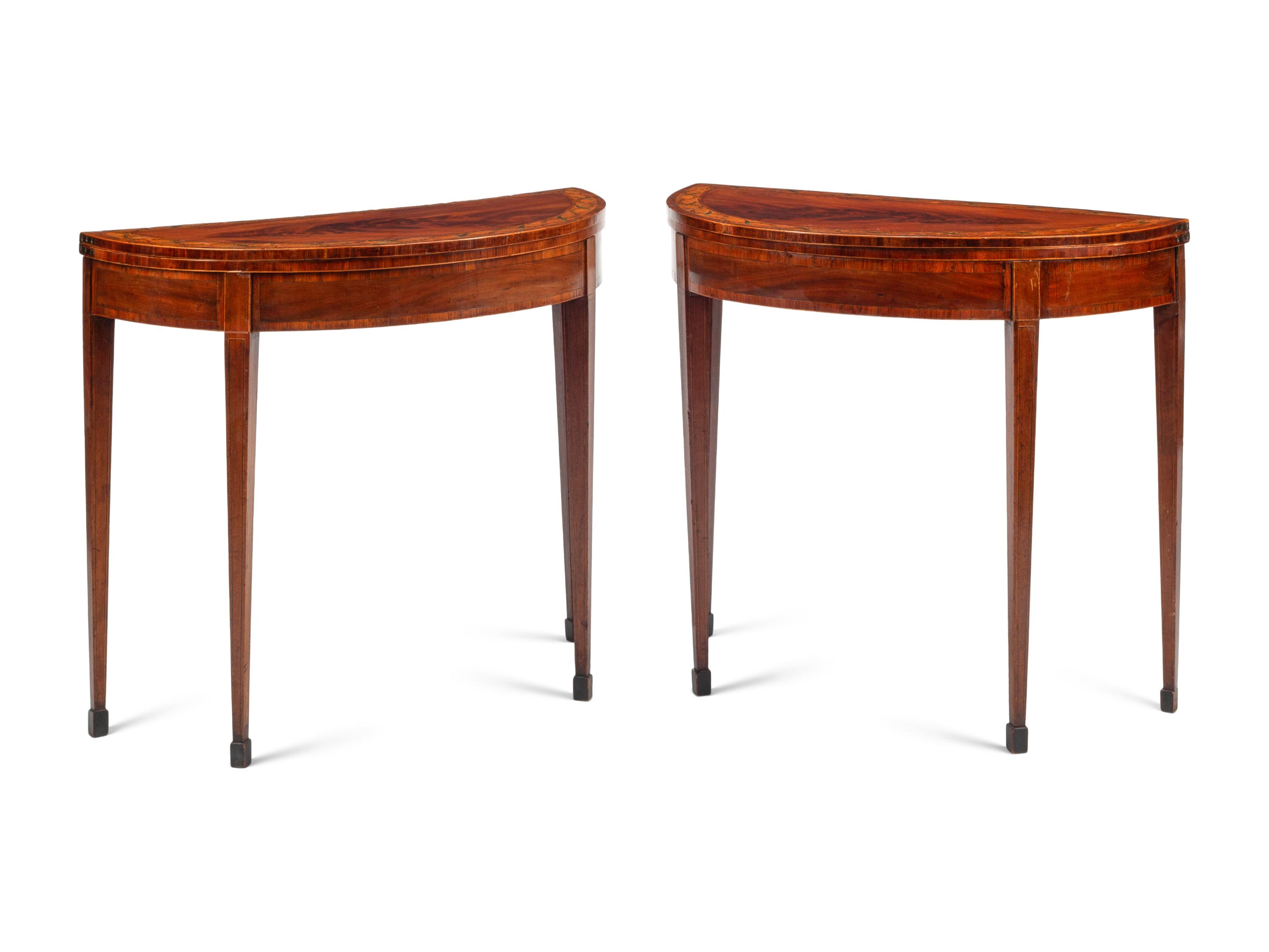 A Pair of George III Painted Satinwood-Inlaid Mahogany Flip-Top Tables