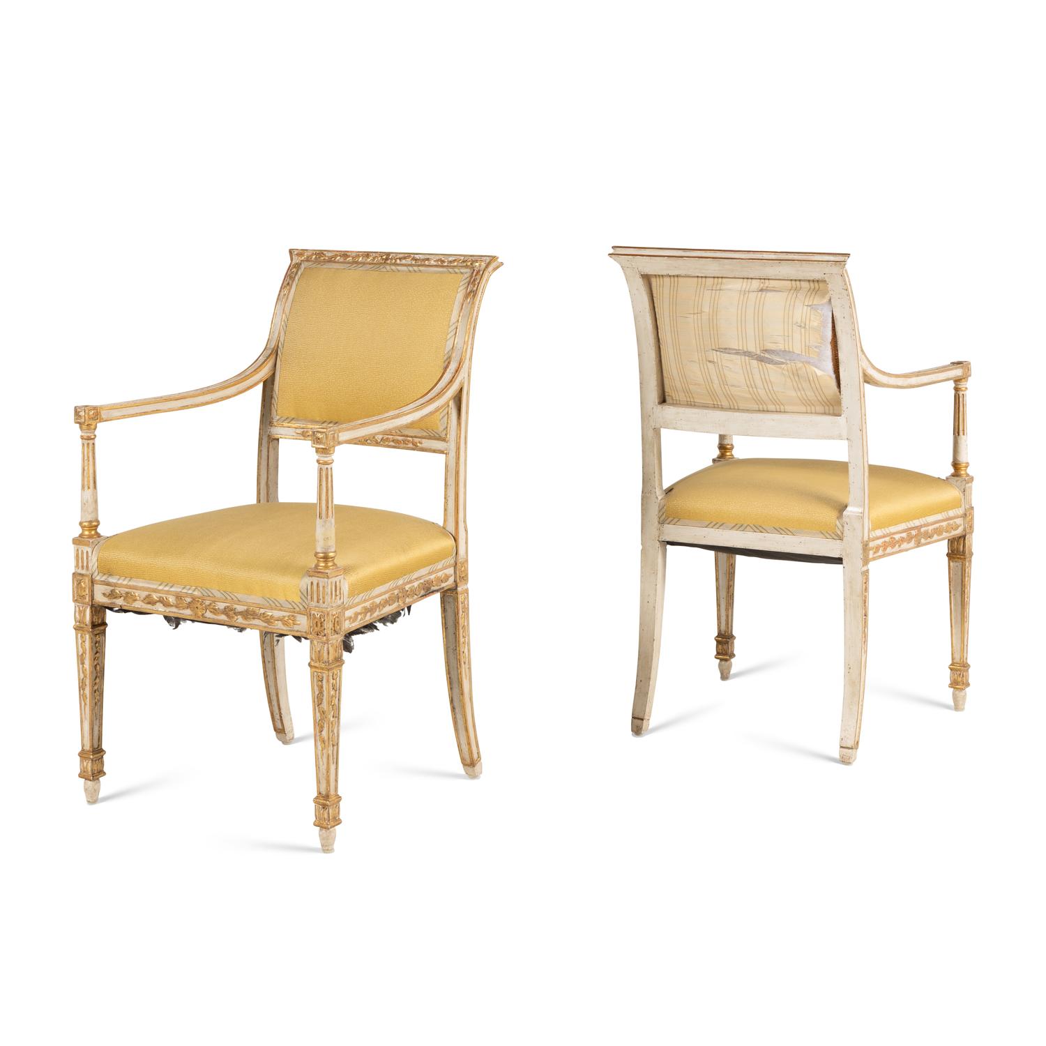A Pair of Italian Neoclassical Style White-Painted and Parcel Gilt Fauteuils
