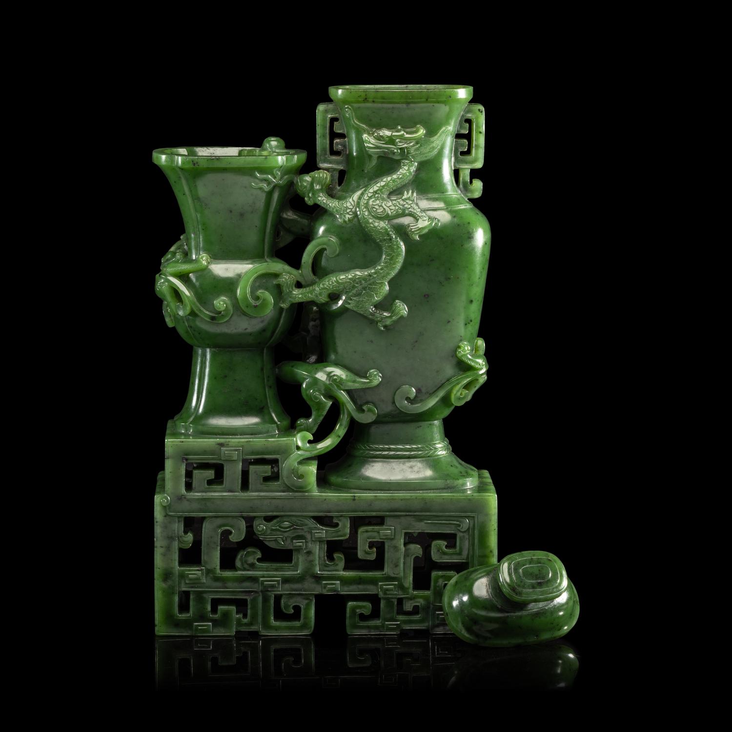 A Chinese Spinach Green Jade 'Dragon' Double Vase, Qianlong Mark 乾隆年制款碧玉雙聯瓶
