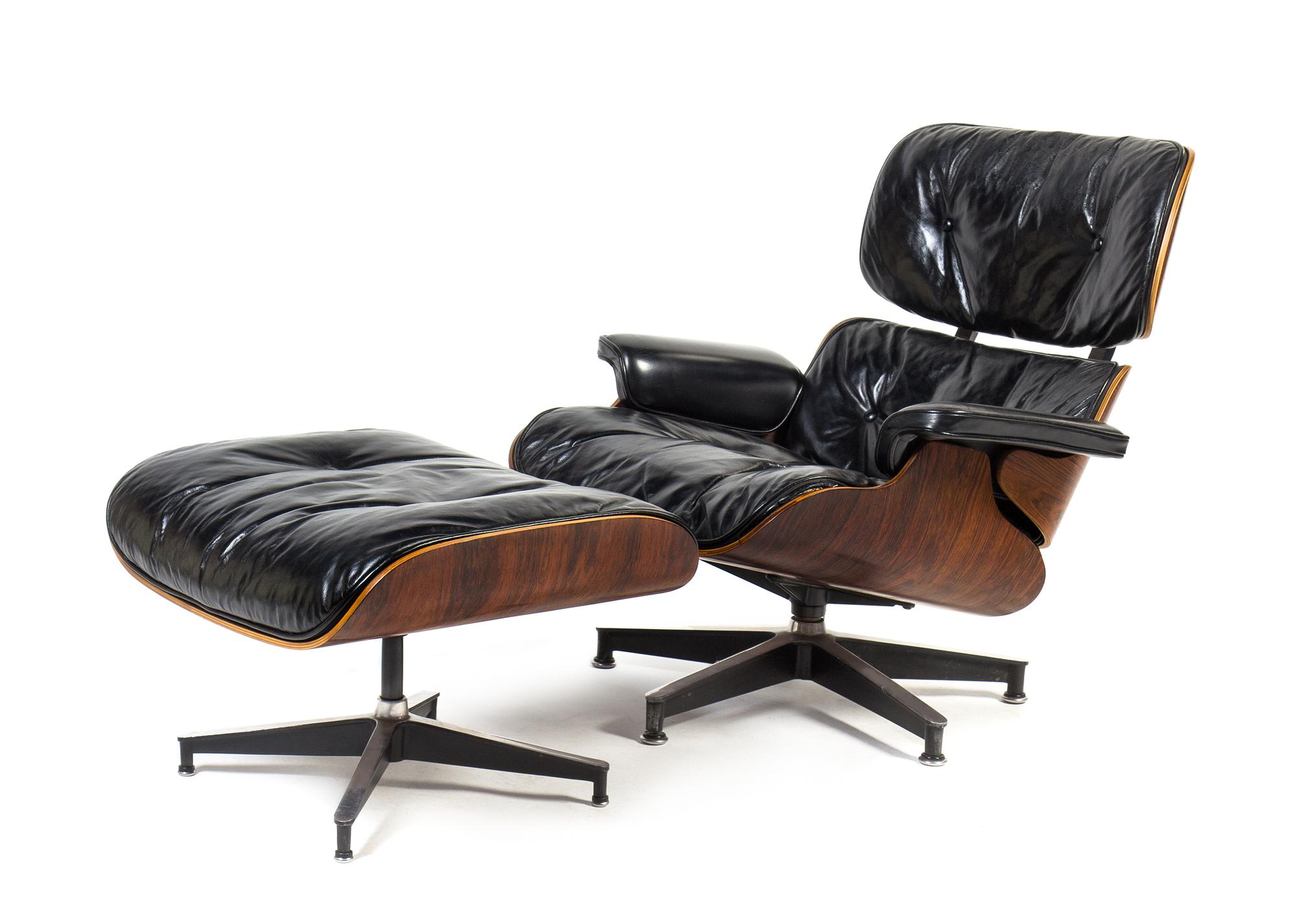 A Charles and Ray Eames for Herman Miller Leather Upholstered Lounge Chair and Ottoman Height of chair 34 inches.