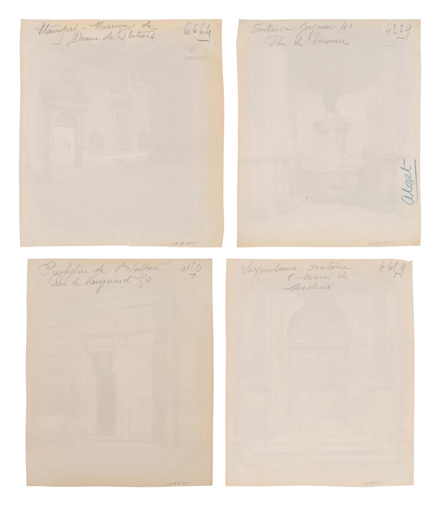 A group of four photographs ( Ètampes - maison de Diane de Poitiers , 1907; Presbytère de Saint-Sulpice, rue de Vaugirard 50 , 1900; Oratoire Marie de M é dicis, Petit Luxembourg , 1903; Fontaine de Joyeuse, 41 rue de Turenne, 3e arrondissement, 1901)