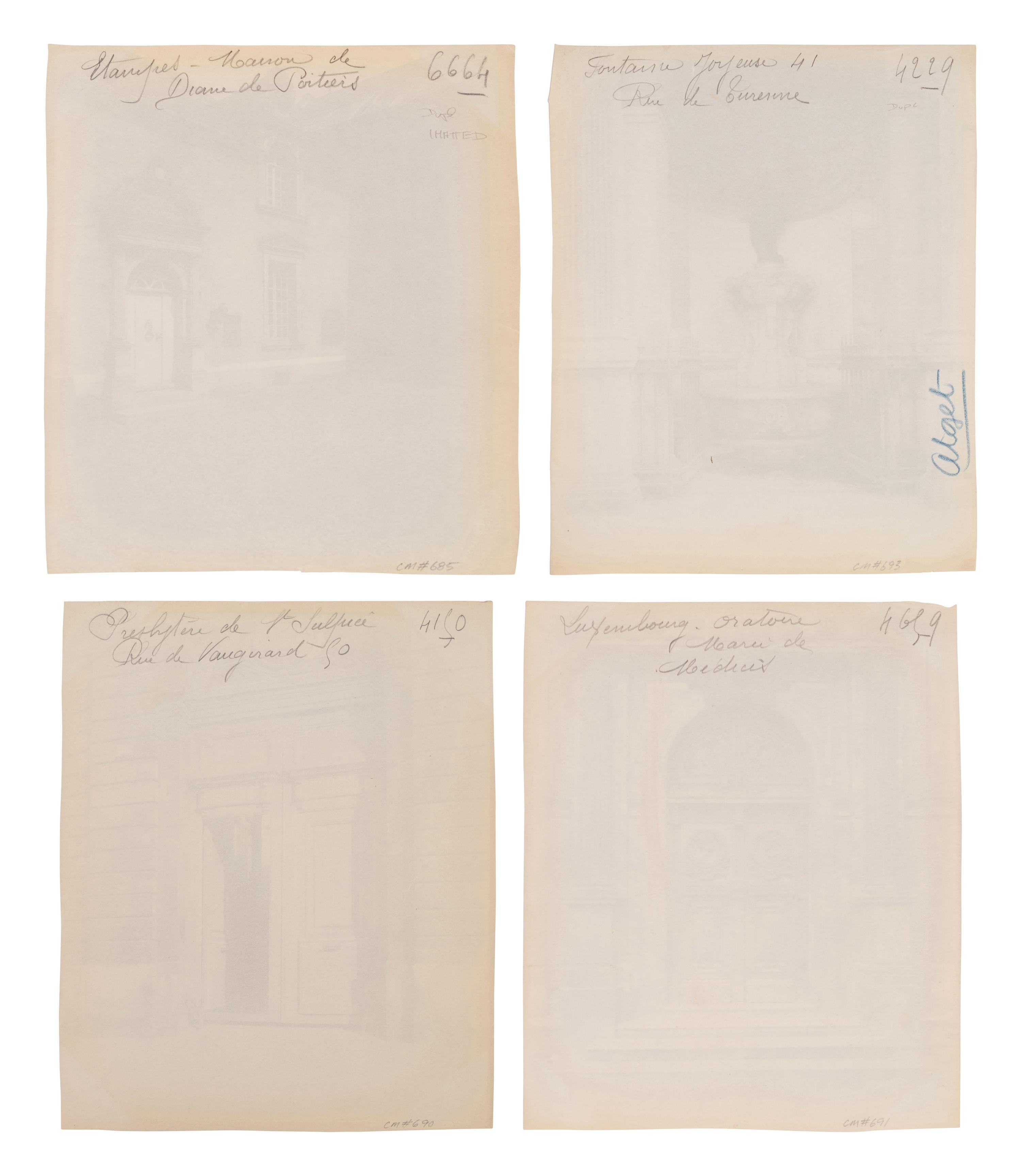 A group of four photographs ( Ètampes - maison de Diane de Poitiers , 1907; Presbytère de Saint-Sulpice, rue de Vaugirard 50 , 1900; Oratoire Marie de M é dicis, Petit Luxembourg , 1903; Fontaine de Joyeuse, 41 rue de Turenne, 3e arrondissement, 1901)