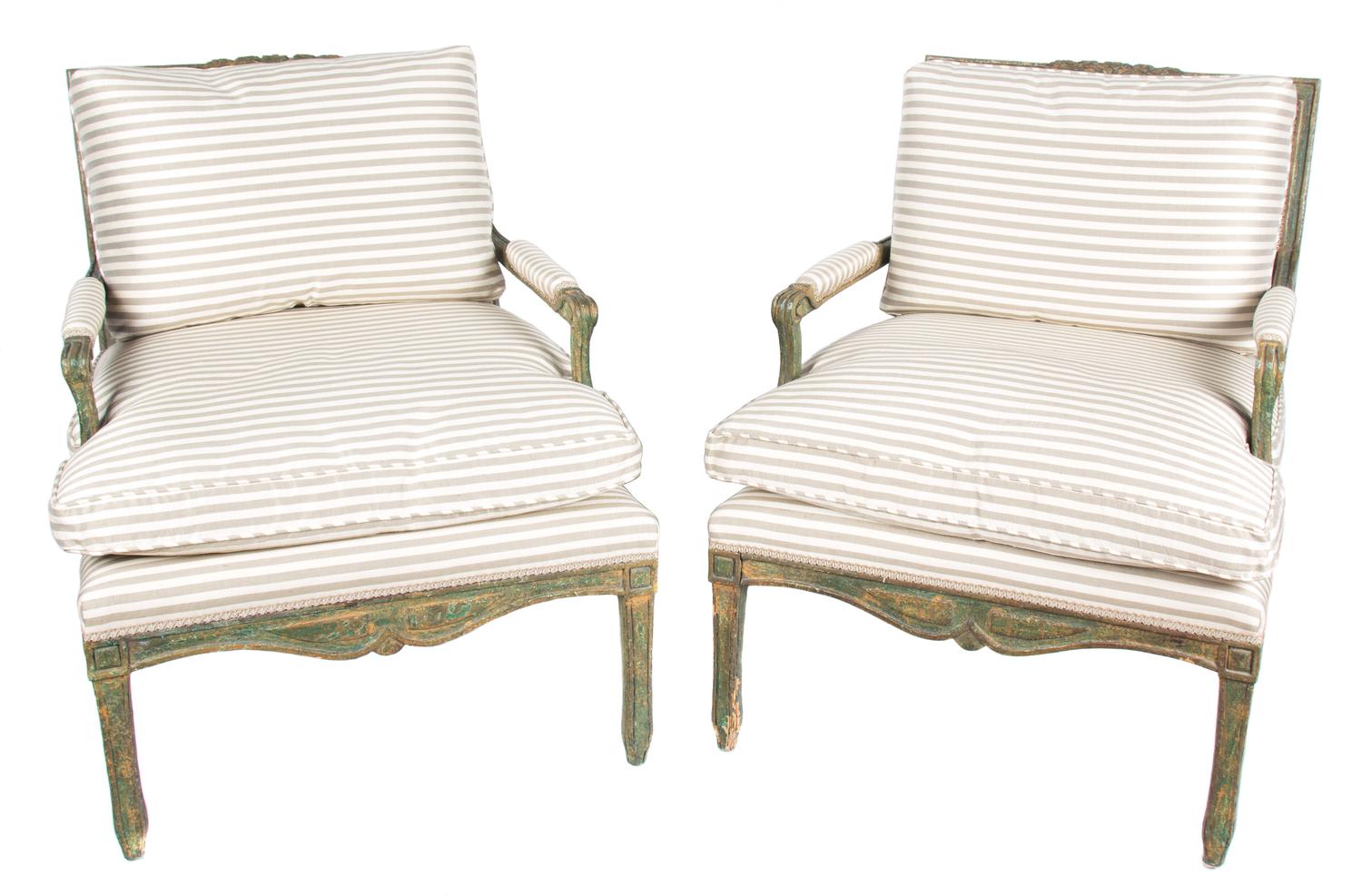 A Pair of Louis XV Style Painted Fauteuils Height 33 x width 27 x depth 38 inches. — 20TH CENTURY