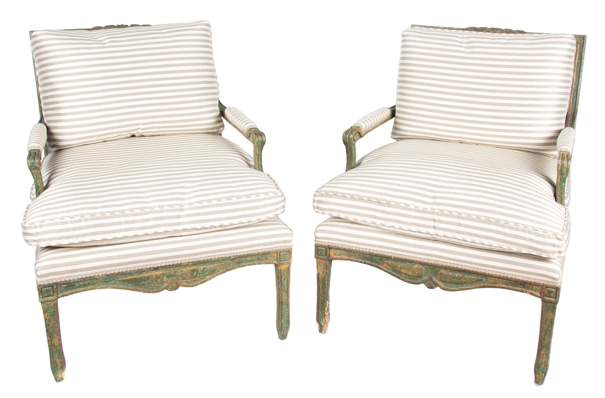 A Pair of Louis XV Style Painted Fauteuils Height 33 x width 27 x depth 38 inches. — 20TH CENTURY