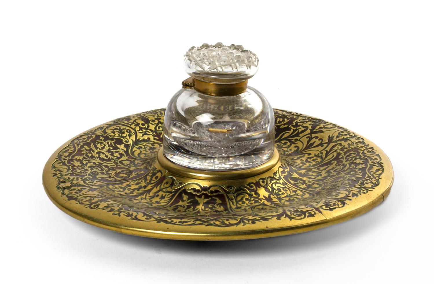 A Napoleon III Style Boulle Work Standish, Diameter overall 10 7/8 inches.