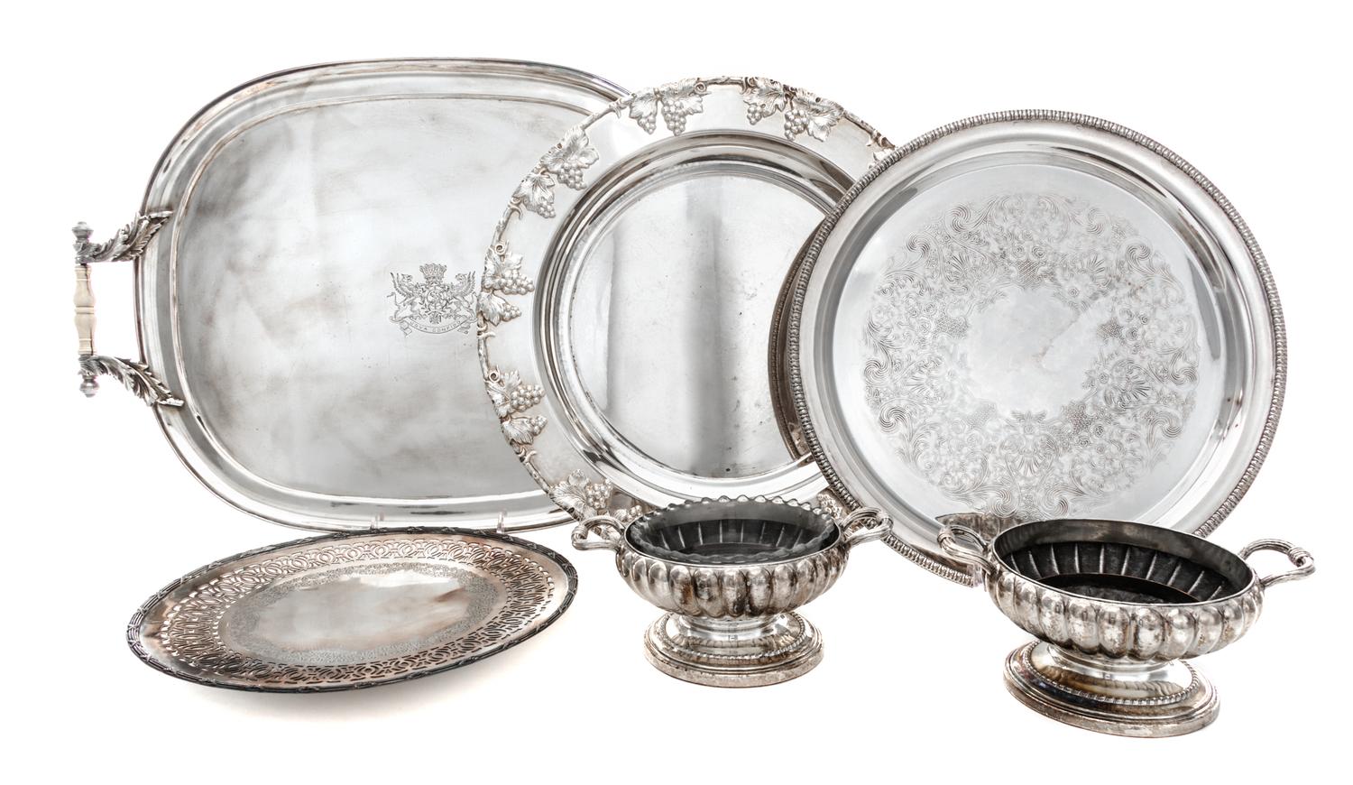 A Collection of Silver-Plate Articles, 20th Century, comprising a rectangular handled tray, three circular trays and two handled footed
