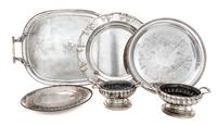 A Collection of Silver-Plate Articles, 20th Century, comprising a rectangular handled tray, three circular trays and two handled footed