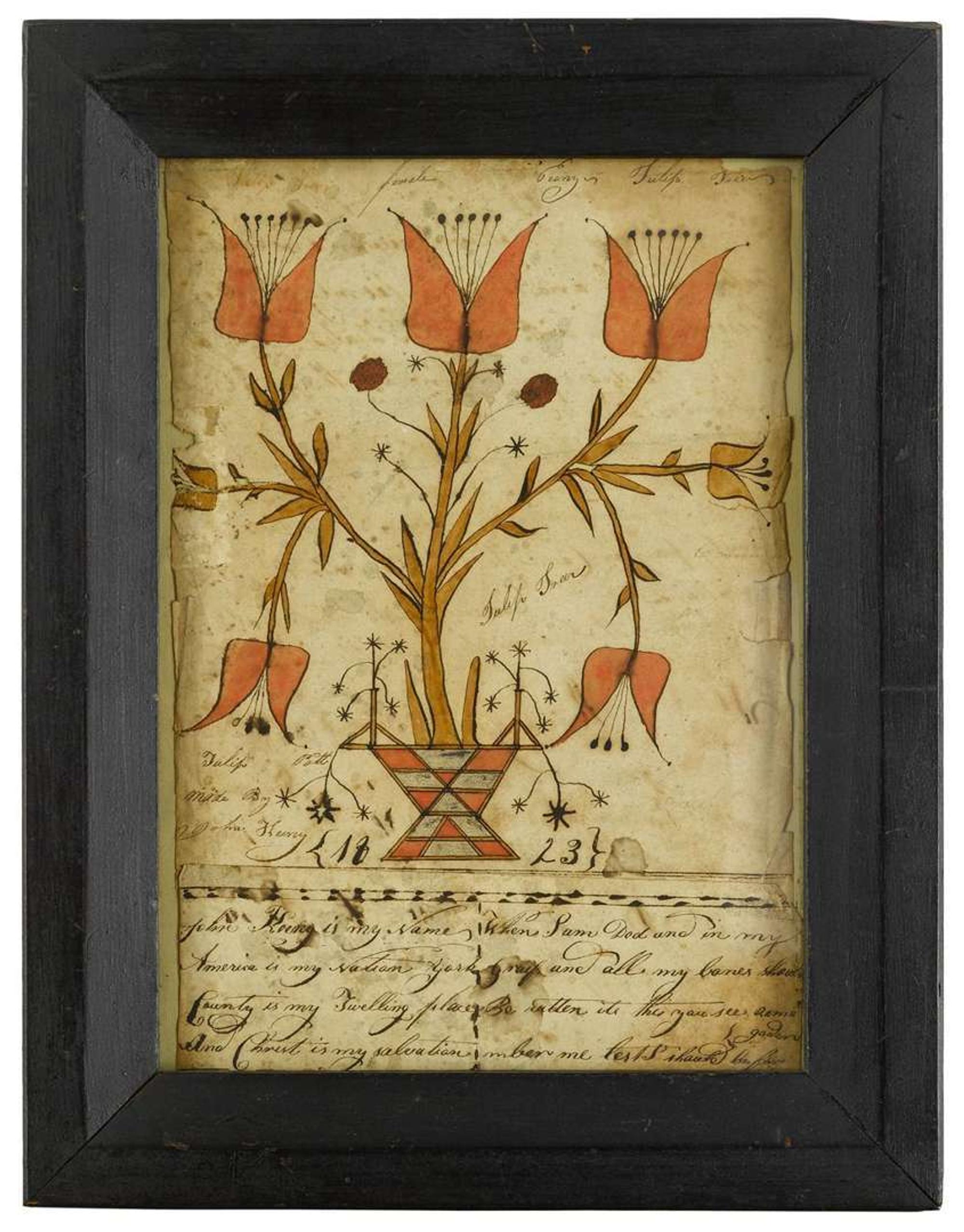 Fraktur drawing "tulip pott made by john henry 1823," york county, pa
