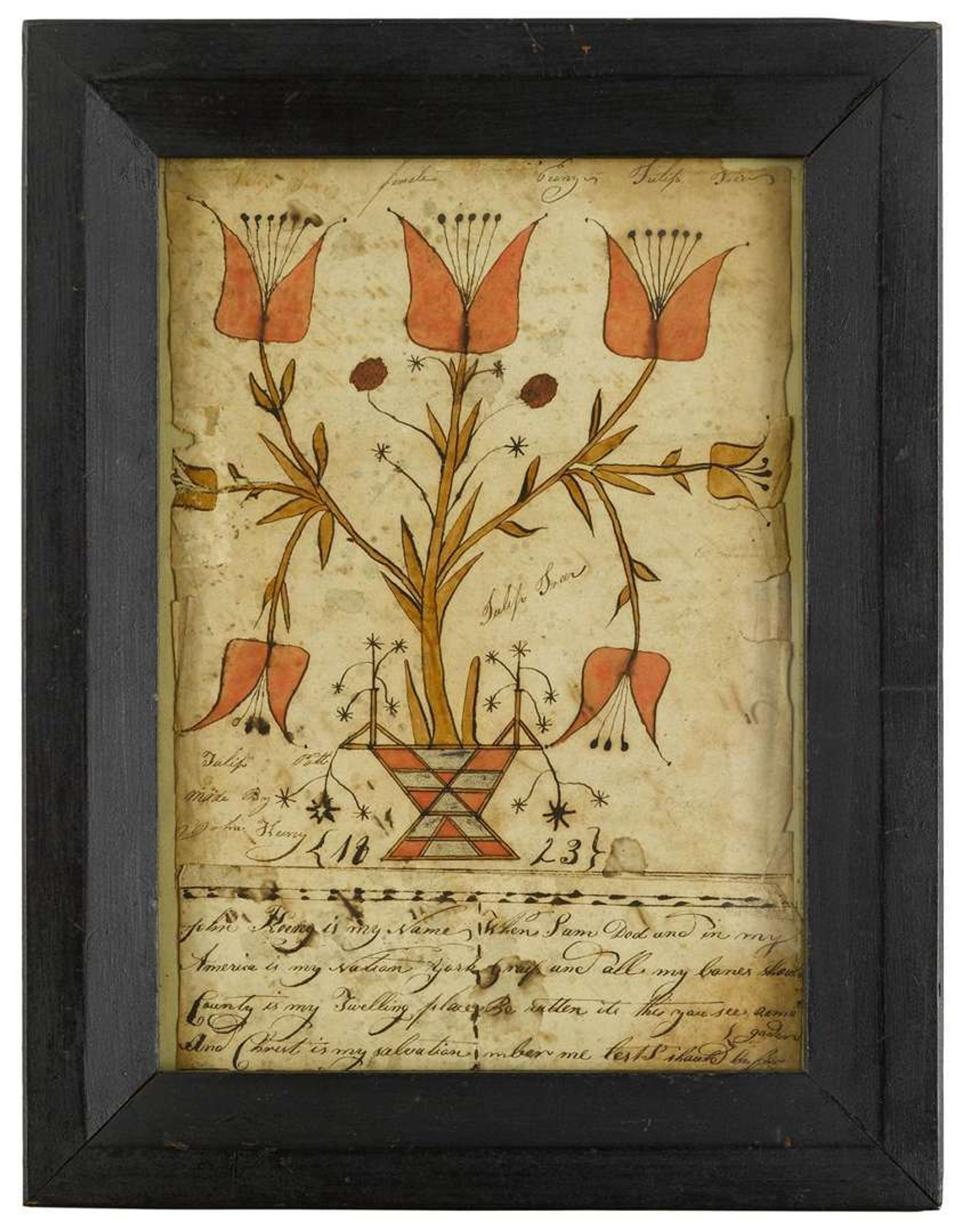 Fraktur drawing "tulip pott made by john henry 1823," york county, pa