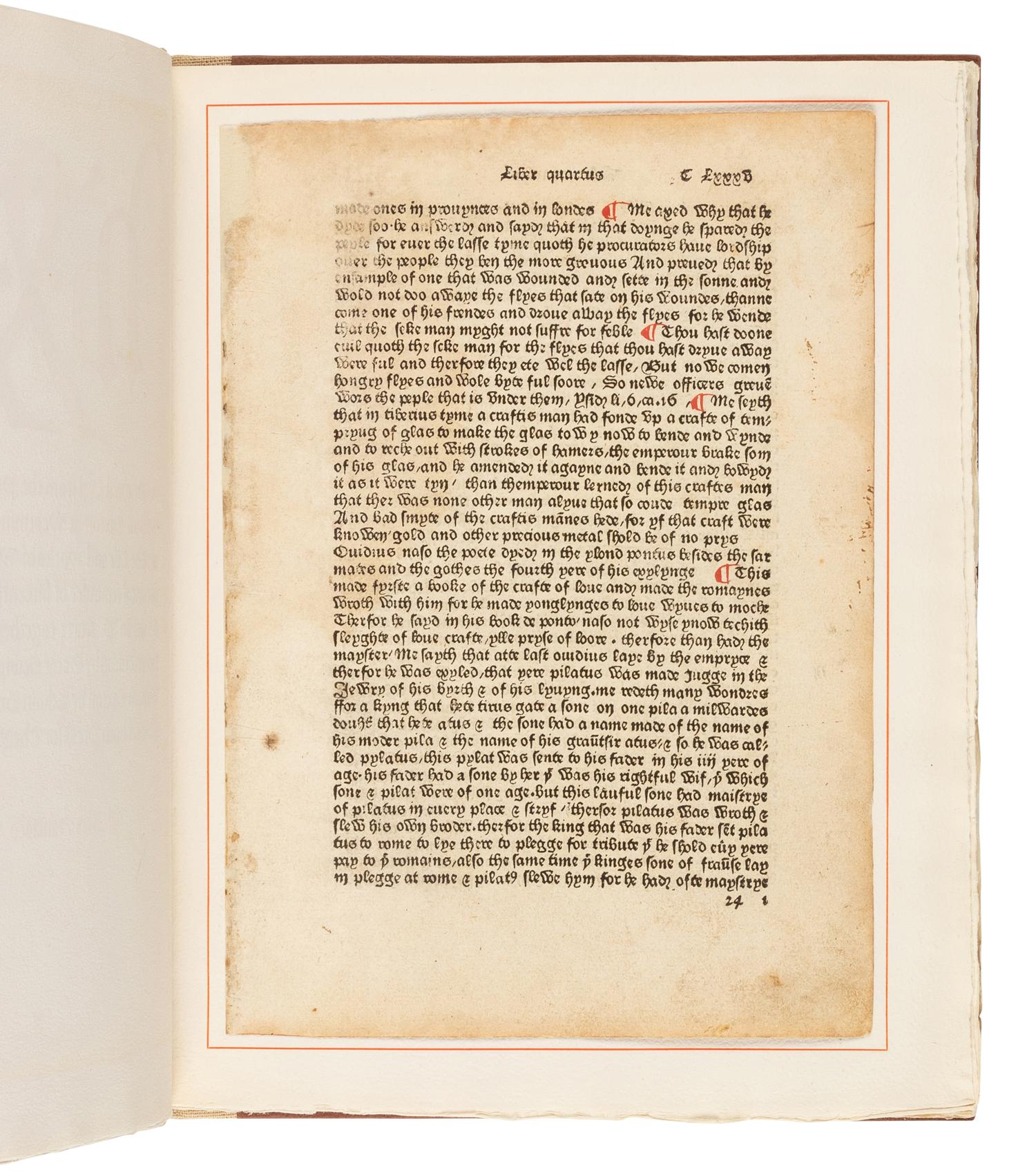 [LEAF BOOK]. An Original Leaf from the Polycronicon Printed by William Caxton at Westminster in the Year 1482 . San Francisco: The Grabhorn Press for The Book Club of California, 1938.