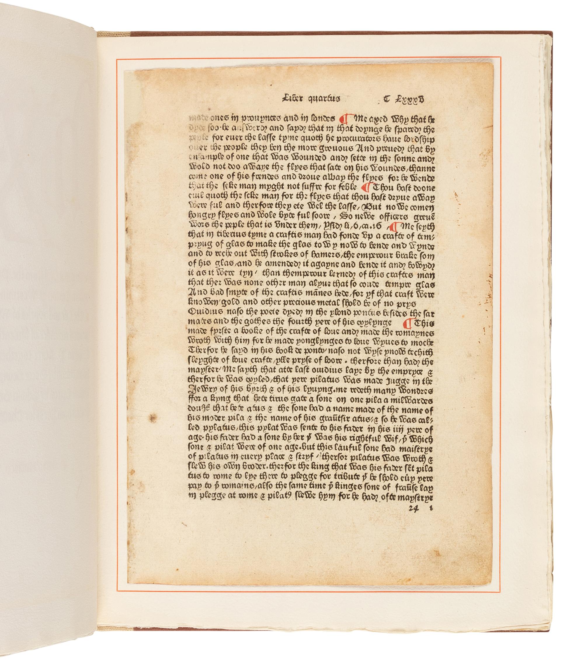 [LEAF BOOK]. An Original Leaf from the Polycronicon Printed by William Caxton at Westminster in the Year 1482 . San Francisco: The Grabhorn Press for The Book Club of California, 1938.