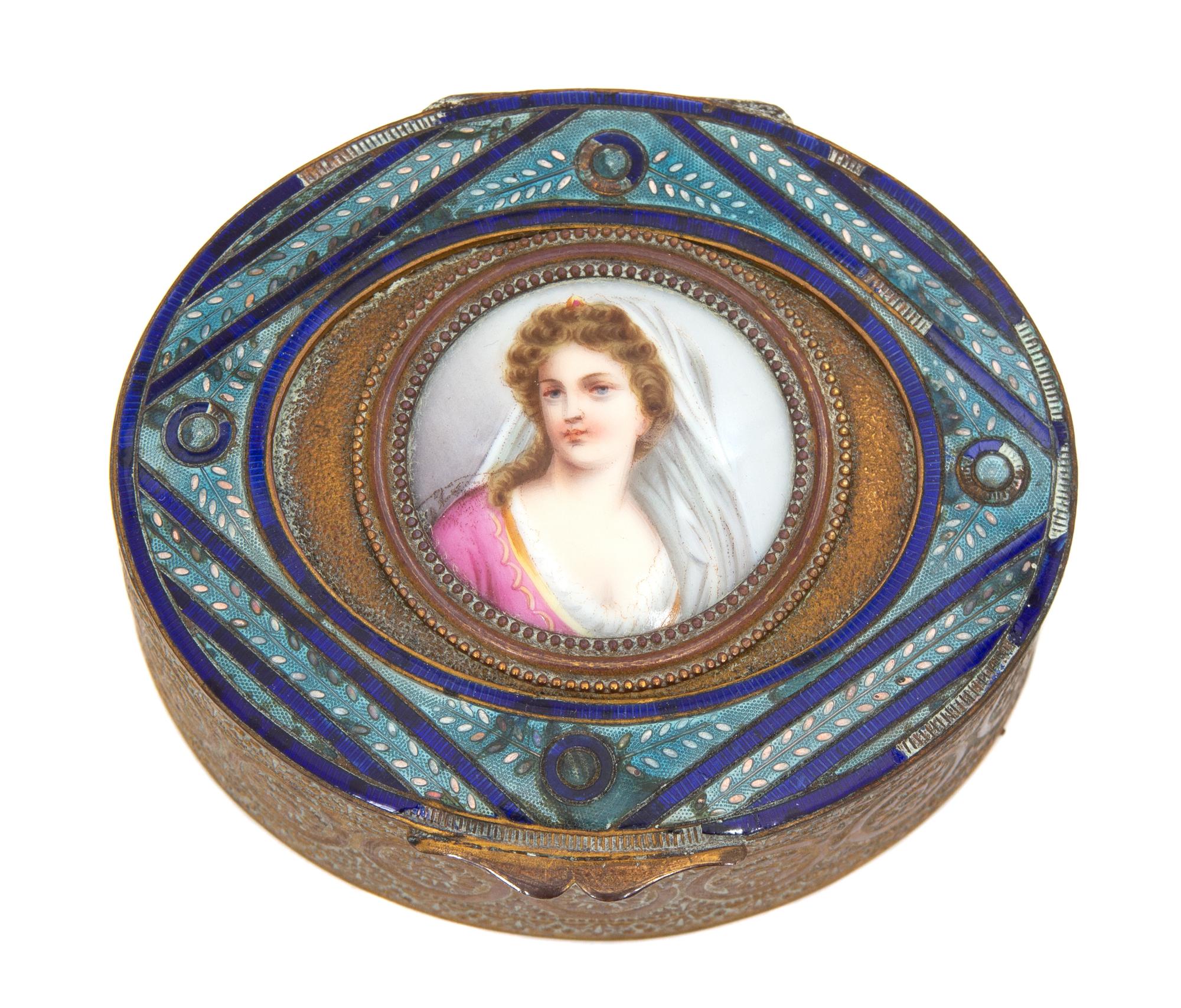 Two French Gilt Bronze and Enamel Portrait Snuff Boxes Height of largest 1 x width 3 1/2 inches. — 19TH/20TH CENTURY