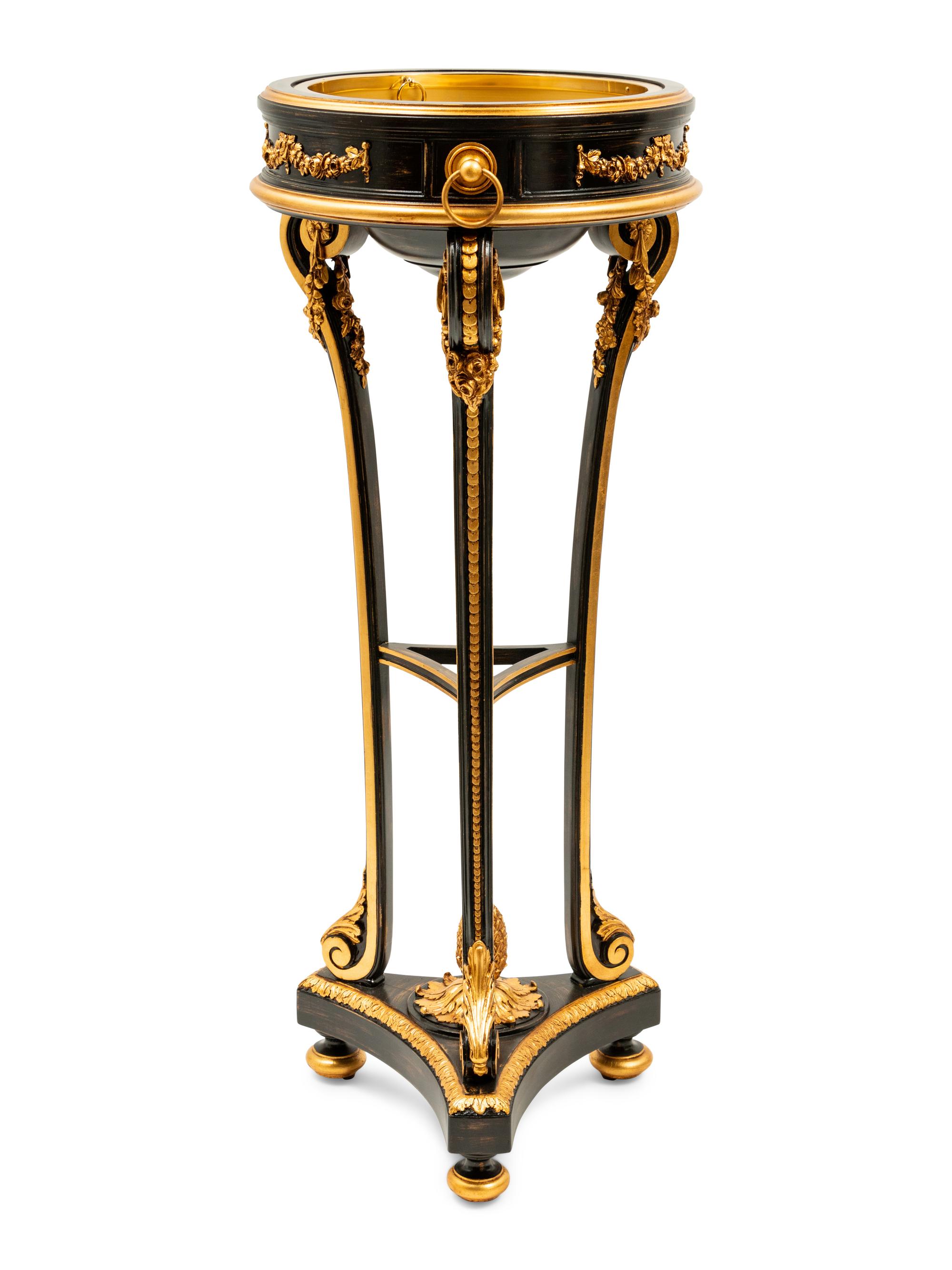 A Napoleon III Style Parcel Gilt and Ebonized Jardiniere and Flat Top Pedestal Stand