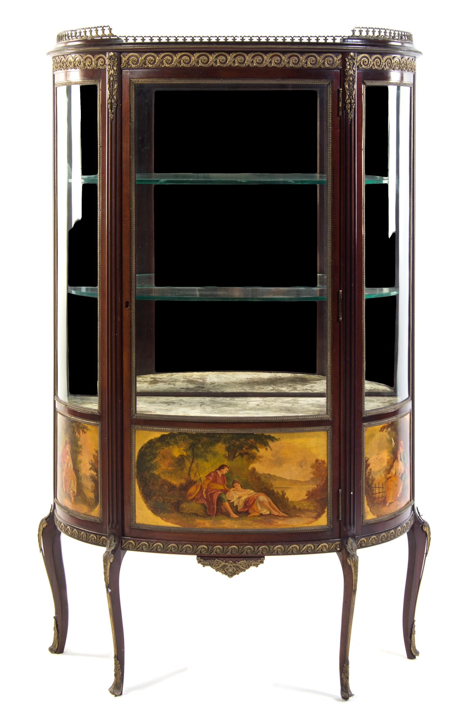 A Louis XV Style Gilt Metal Mounted Vernis Martin Vitrine Height 59 x width 36 x depth 15 inches.