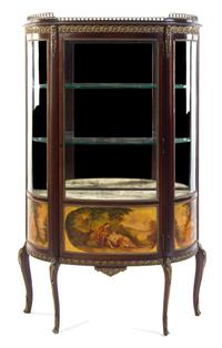 A Louis XV Style Gilt Metal Mounted Vernis Martin Vitrine Height 59 x width 36 x depth 15 inches.