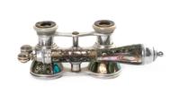 A Pair of French Mother-of-Pearl Veneered Opera Glasses, Aussie Jantin, Width 3 7/8 inches.