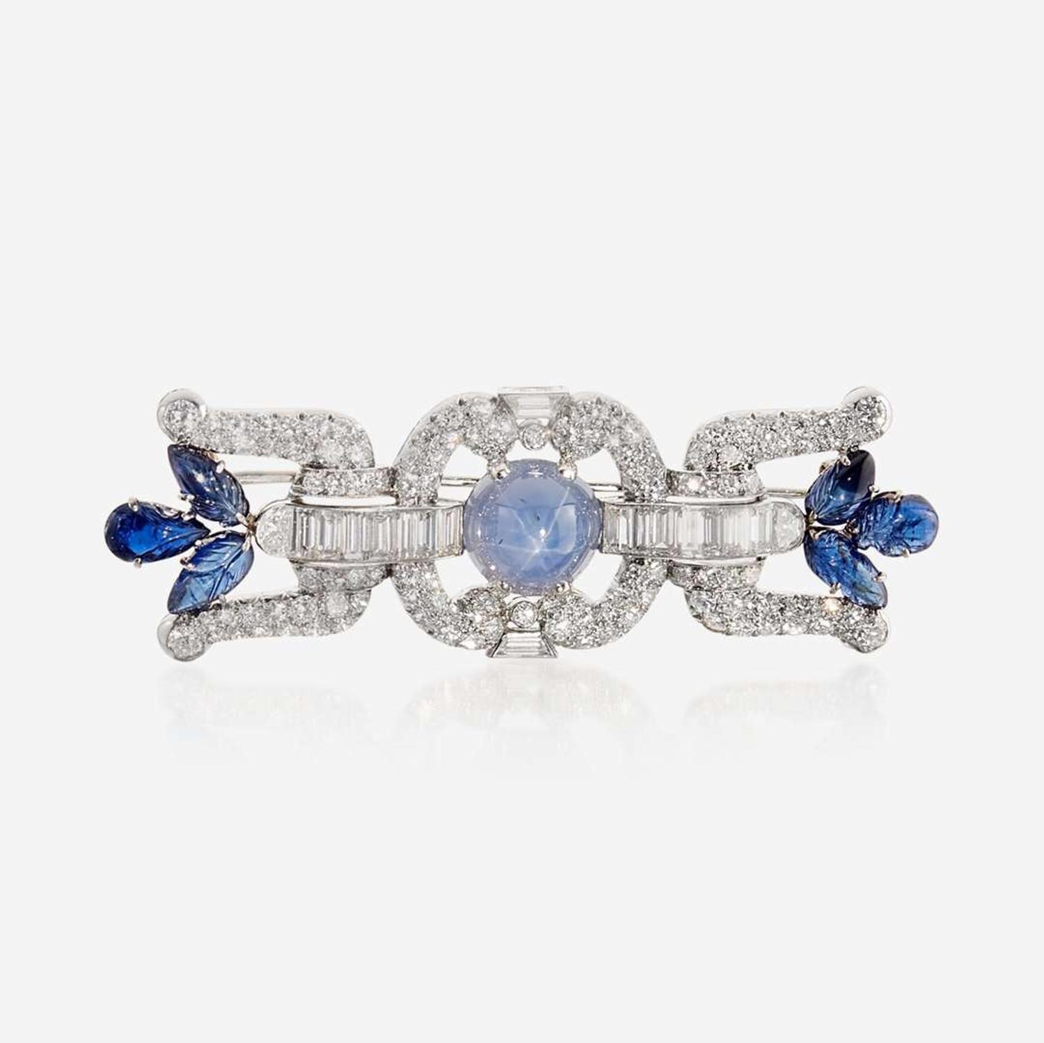 A star sapphire, sapphire, diamond, and platinum brooch, J.E. Caldwell & Co.
