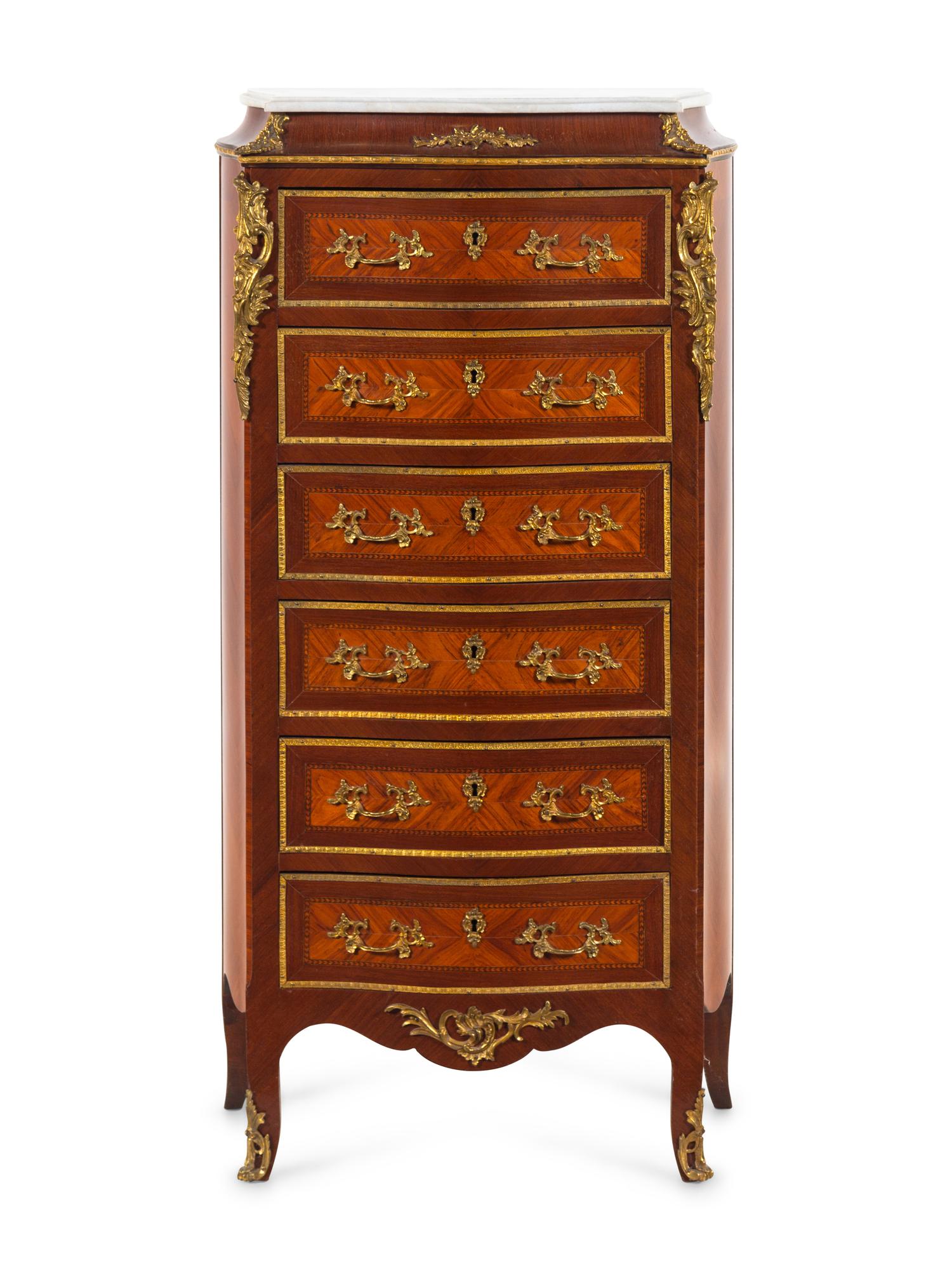 A Napoleon III Style Gilt Bronze Mounted Marble-Top Tall Chest of Drawers