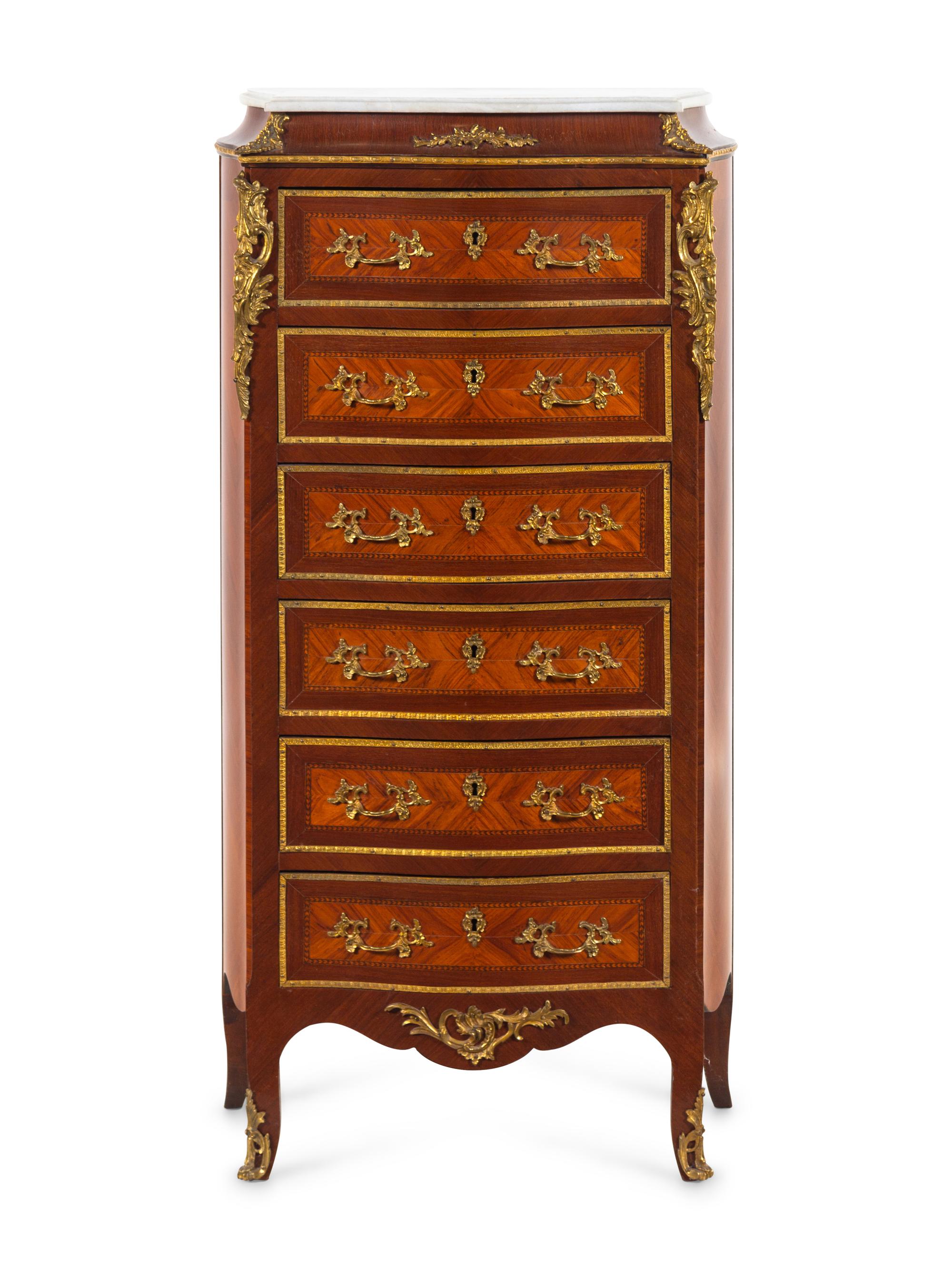 A Napoleon III Style Gilt Bronze Mounted Marble-Top Tall Chest of Drawers