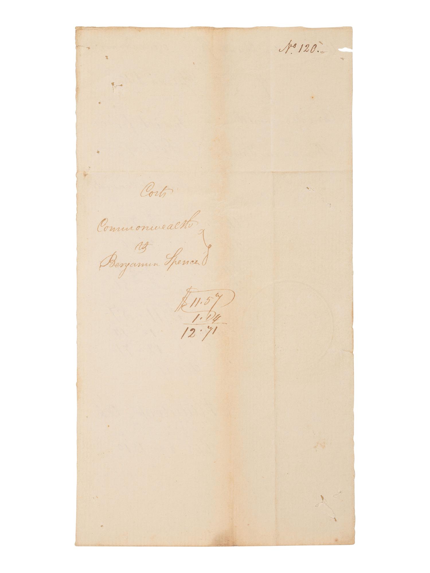[AFRICAN AMERICANA]. Manuscript listing fees assessed for the trial of a "negro man" who was "Tried & convicted" for robbery. Washington County, Pennsylvania. 22 September 1810.