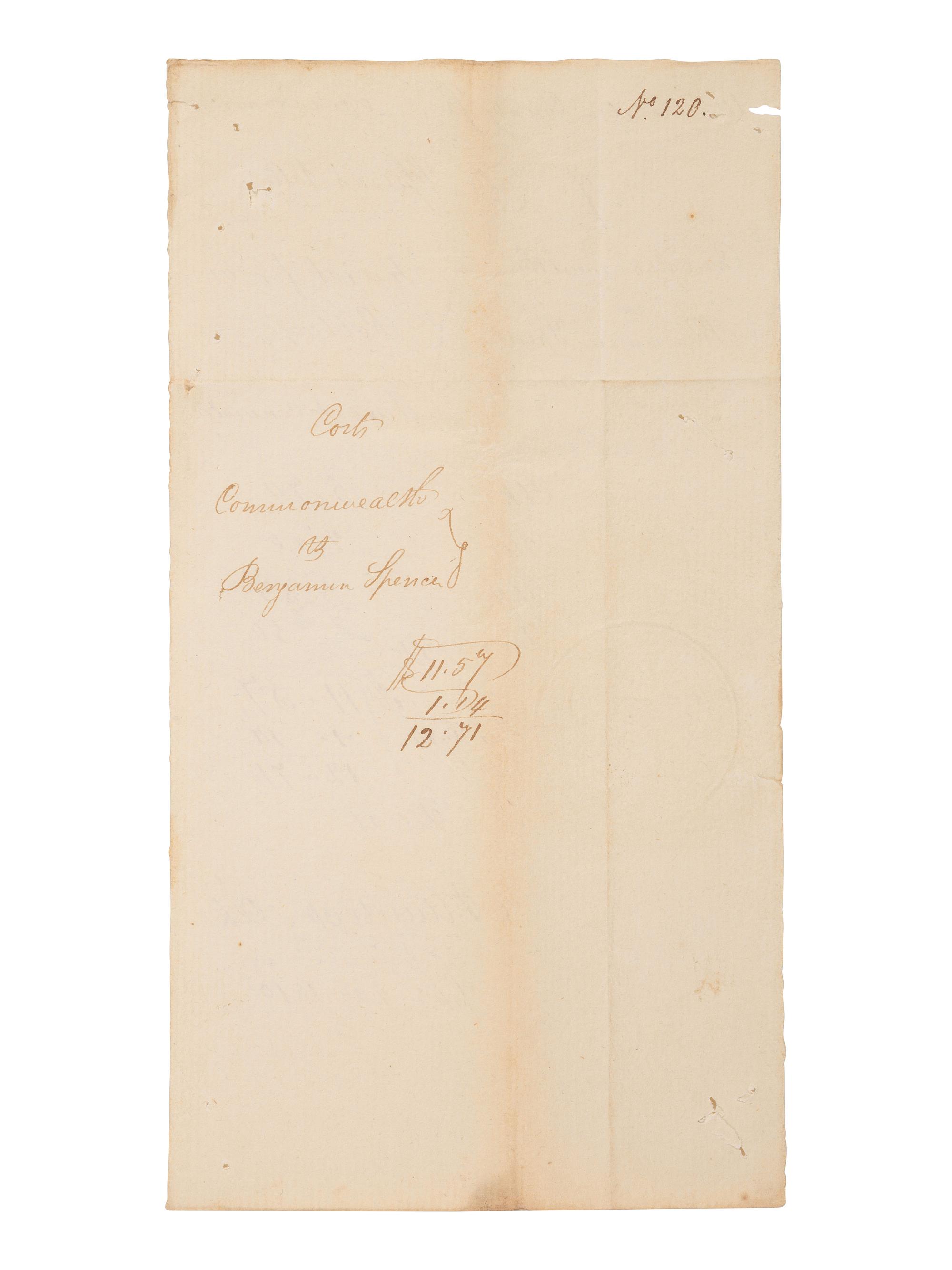 [AFRICAN AMERICANA]. Manuscript listing fees assessed for the trial of a "negro man" who was "Tried & convicted" for robbery. Washington County, Pennsylvania. 22 September 1810.