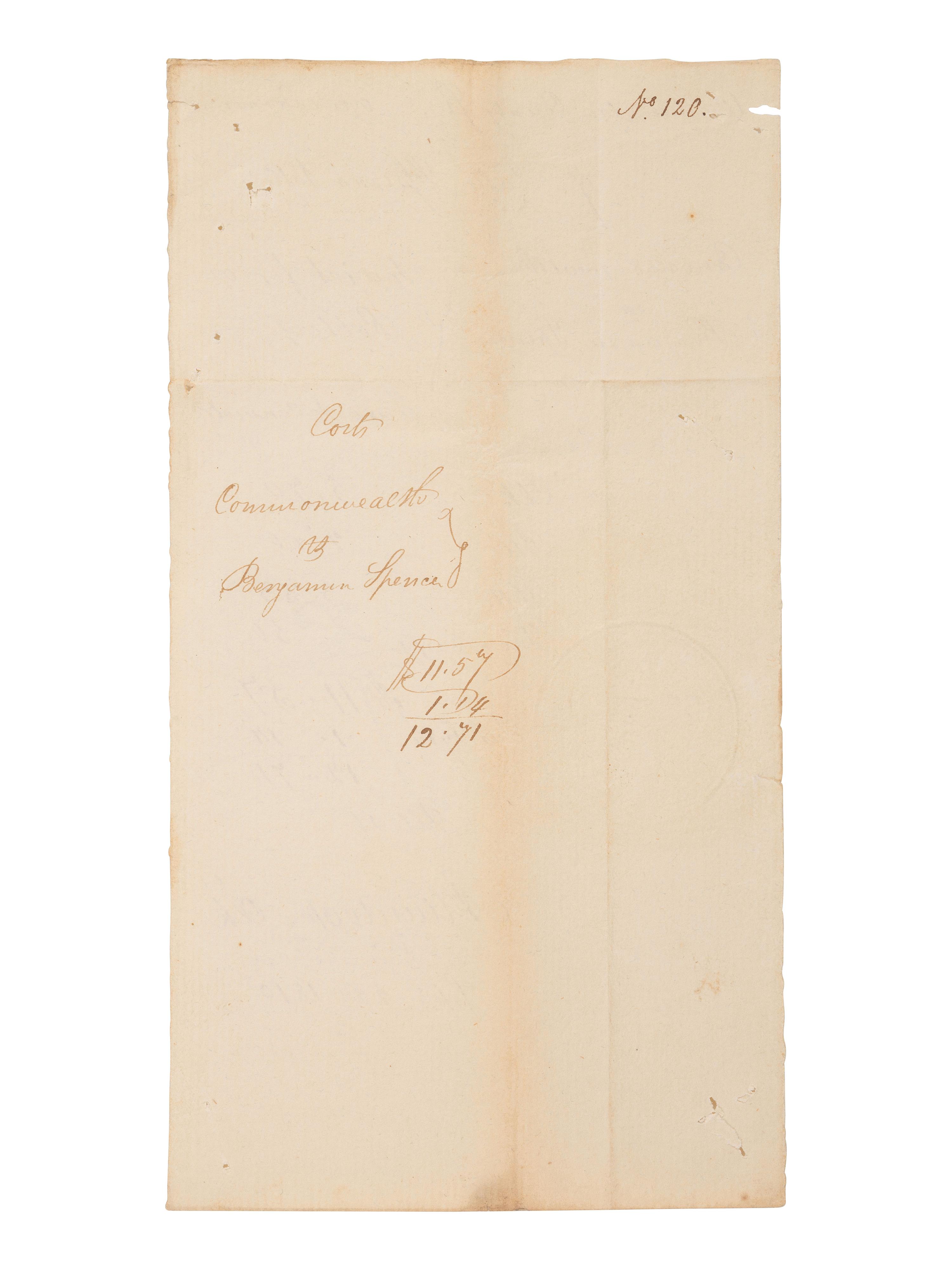 [AFRICAN AMERICANA]. Manuscript listing fees assessed for the trial of a "negro man" who was "Tried & convicted" for robbery. Washington County, Pennsylvania. 22 September 1810.