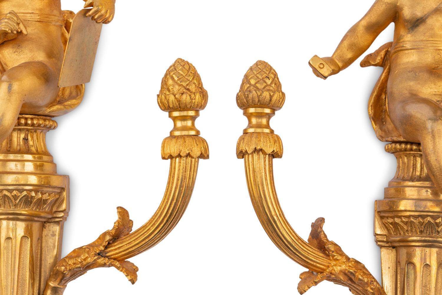 A Pair of French Gilt Bronze Figural Single-Light Sconces