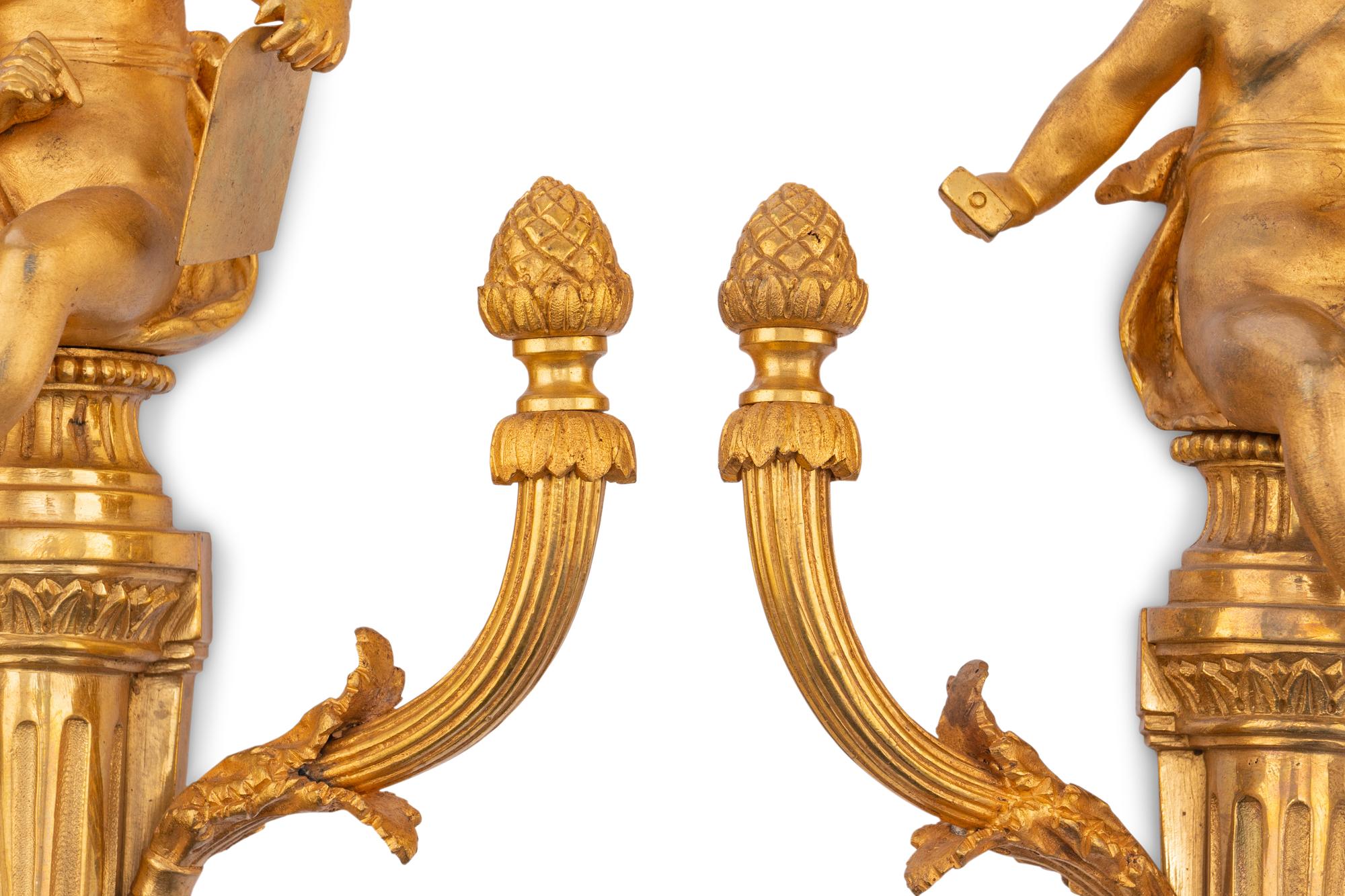 A Pair of French Gilt Bronze Figural Single-Light Sconces