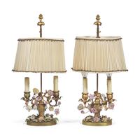 A Pair of French Gilt Bronze and Porcelain Floral Boudoir Lamps