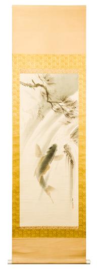 A Japanese Ink and Color on Paper Scroll, , Carps