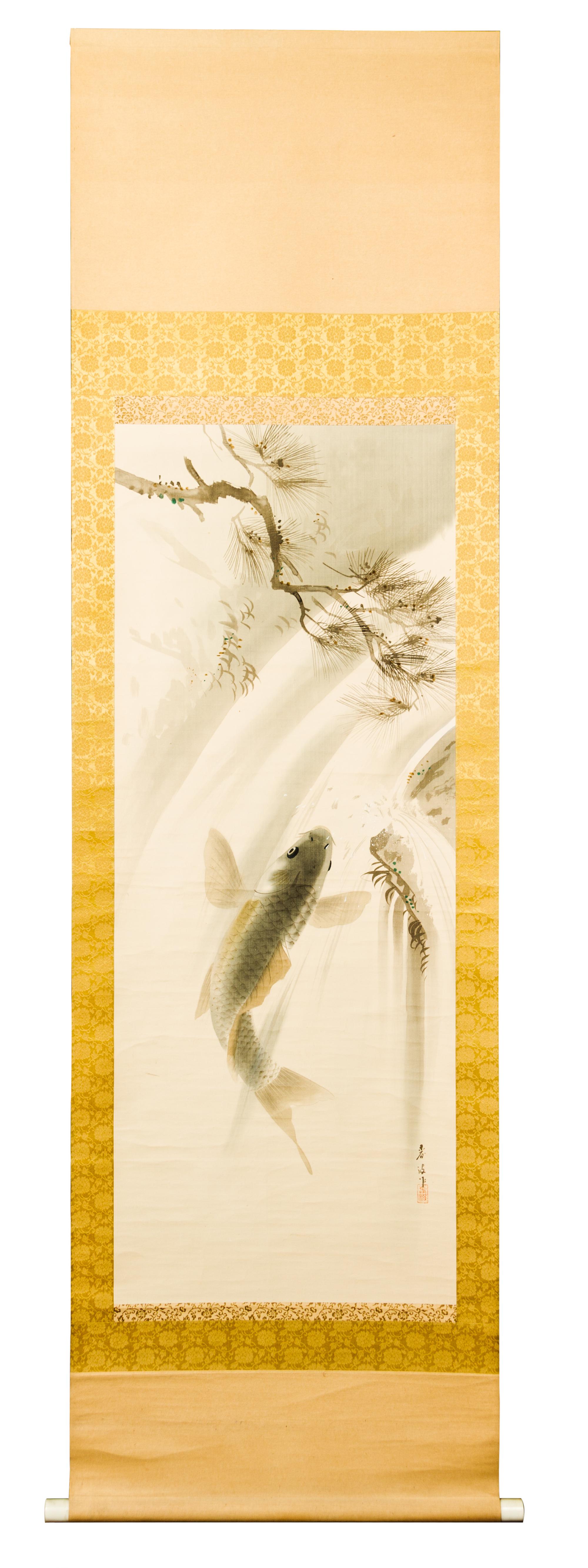 A Japanese Ink and Color on Paper Scroll, , Carps