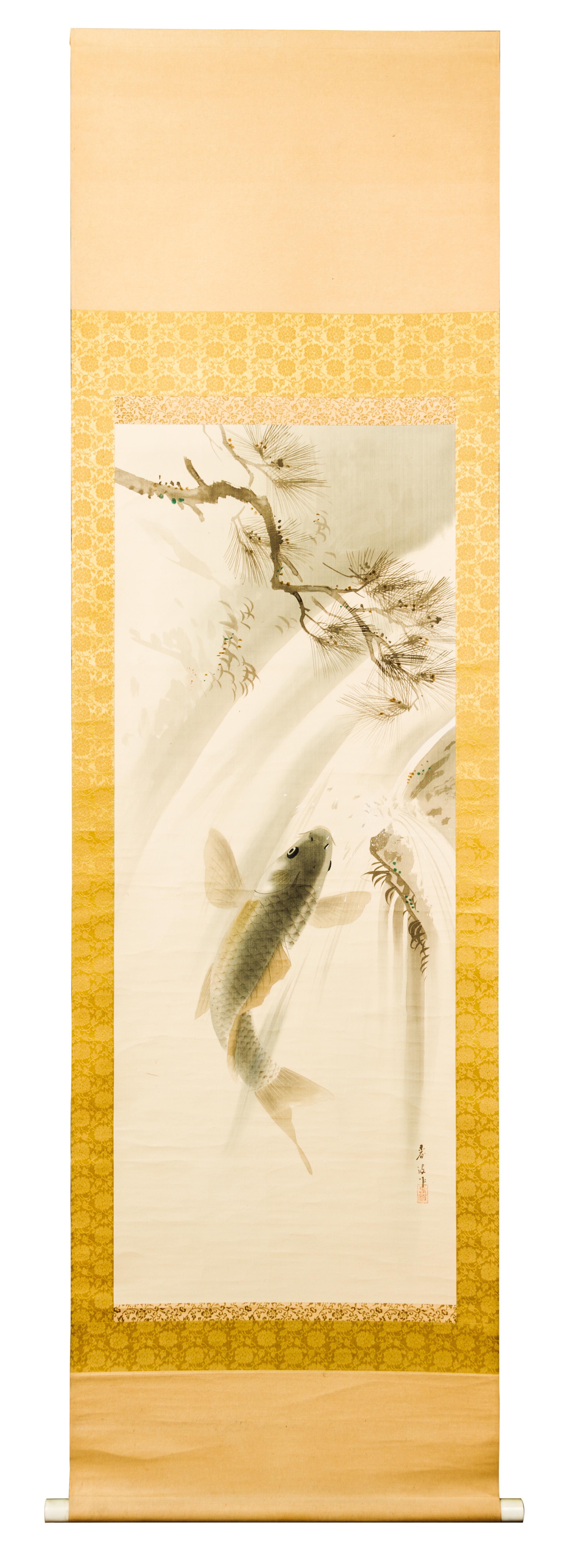A Japanese Ink and Color on Paper Scroll, , Carps