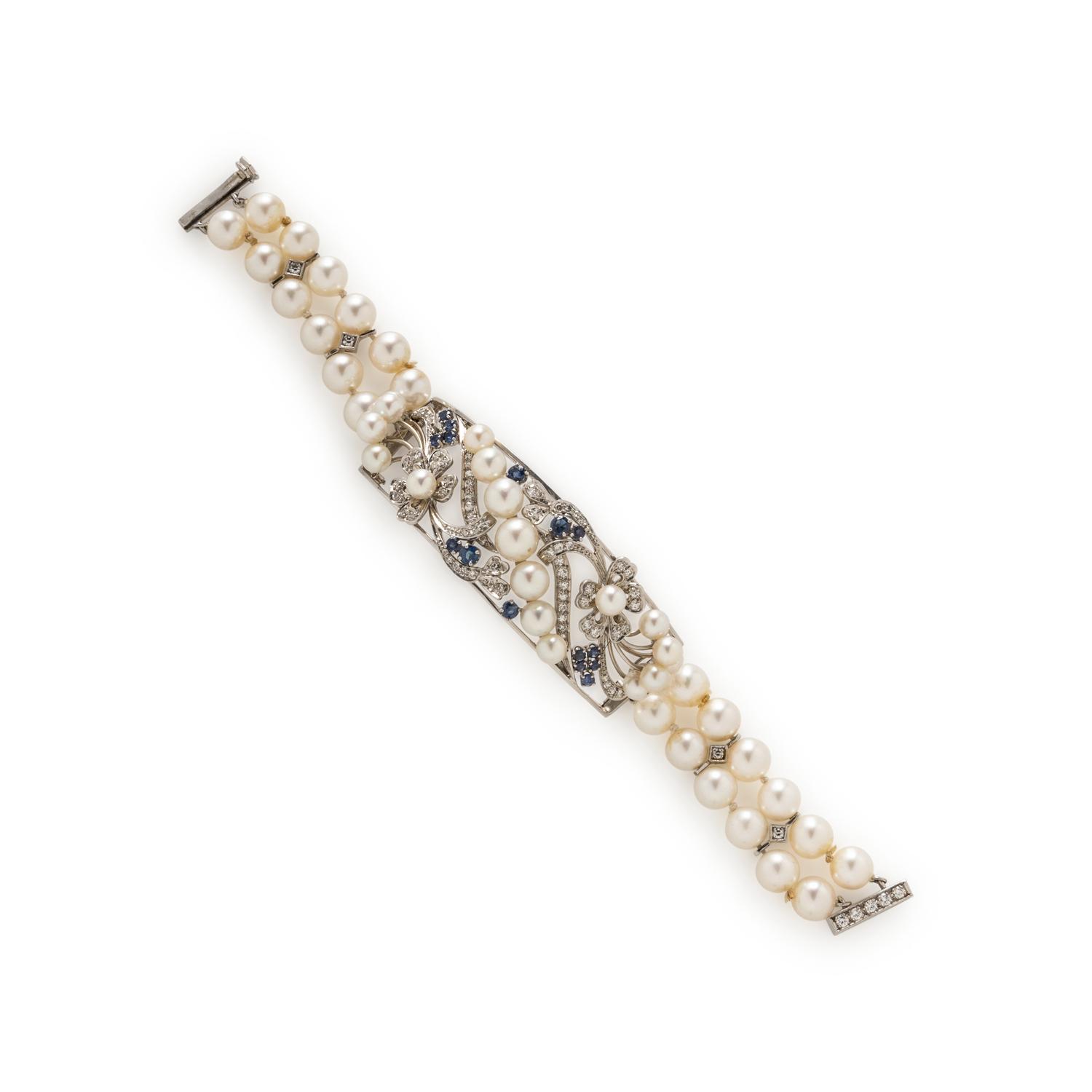 CULTURED PEARL, DIAMOND, AND SAPPHIRE BRACELET
