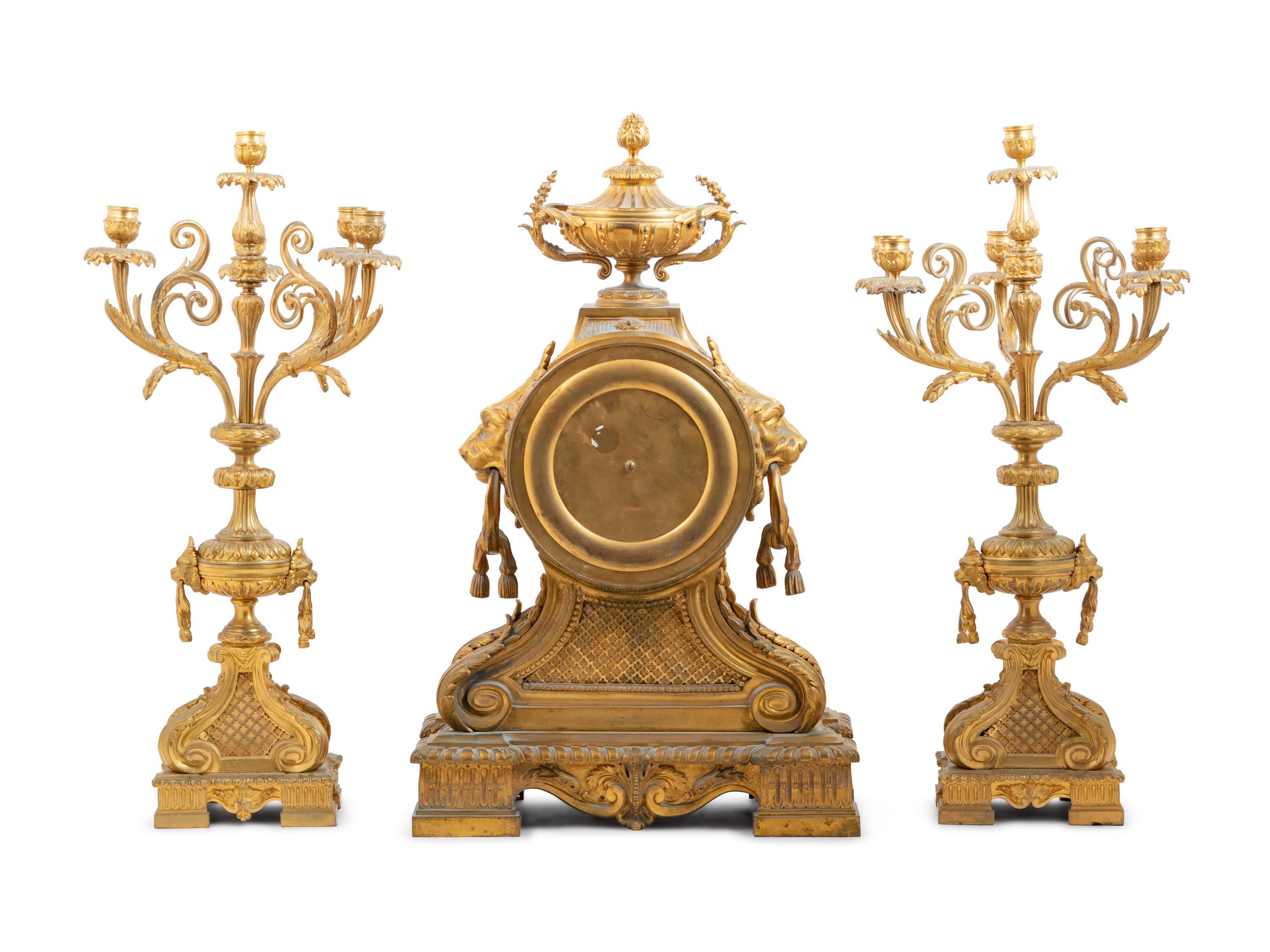 A Napoleon III Gilt Bronze Clock Garniture